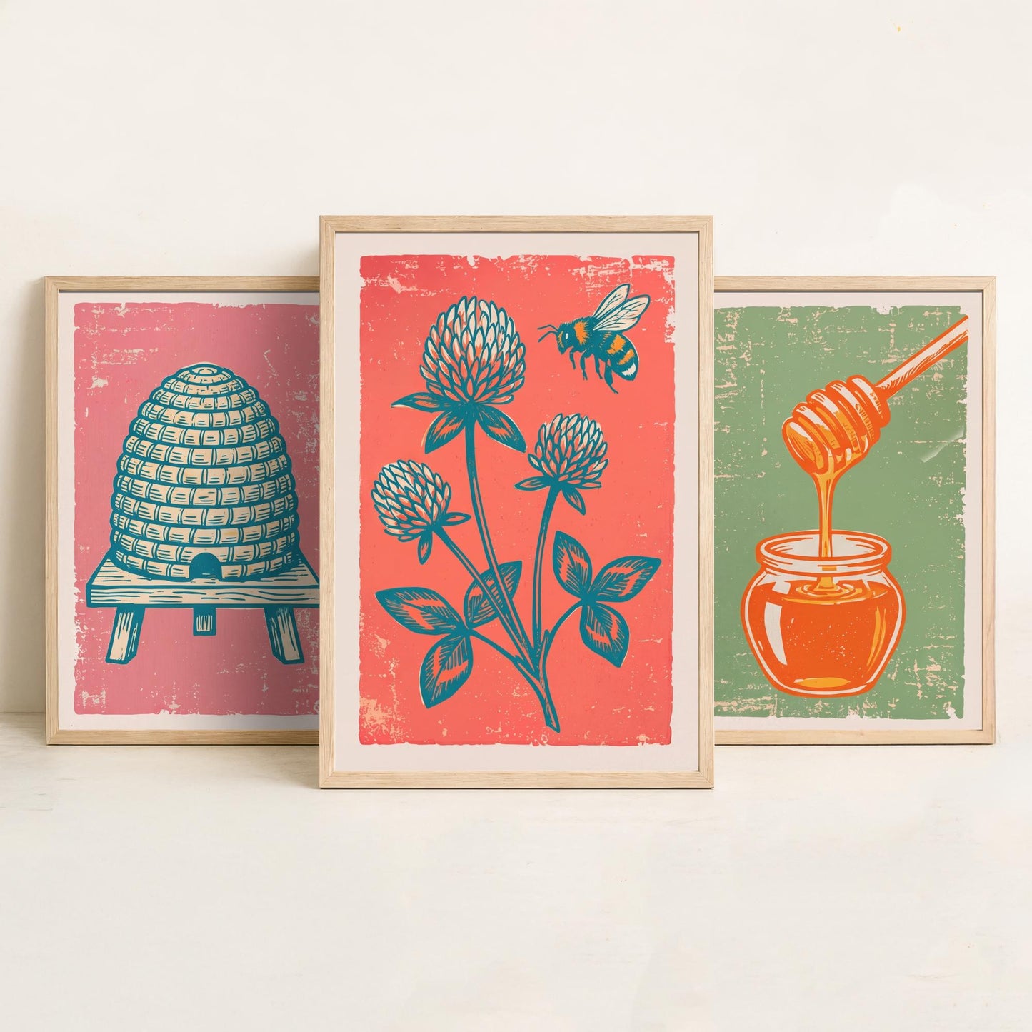 Set of Three Skep Beehive, Honey Dipper and Clover Art Prints - Bee Linocut Illustrations - Honey Kitchen Posters V2