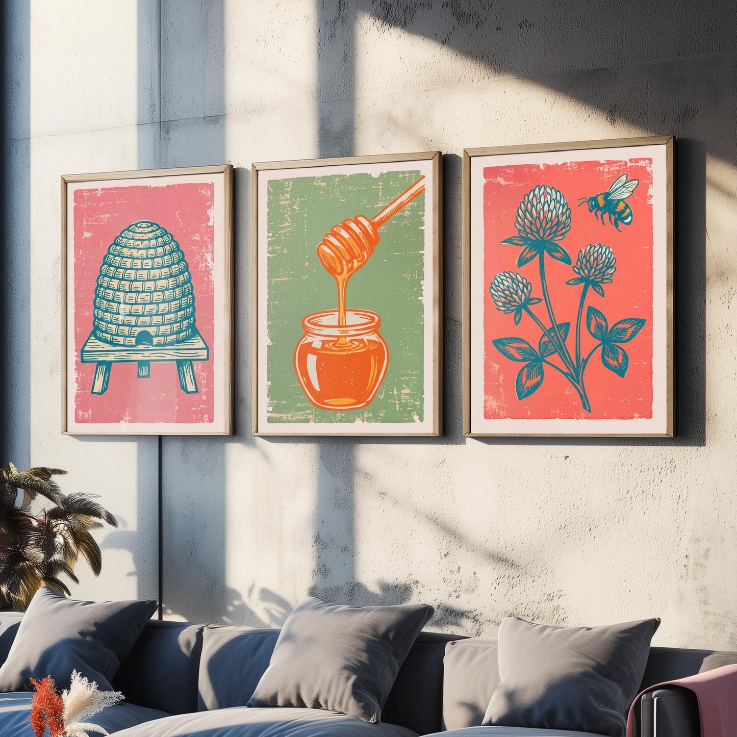 Set of Three Skep Beehive, Honey Dipper and Clover Art Prints - Bee Linocut Illustrations - Honey Kitchen Posters V2