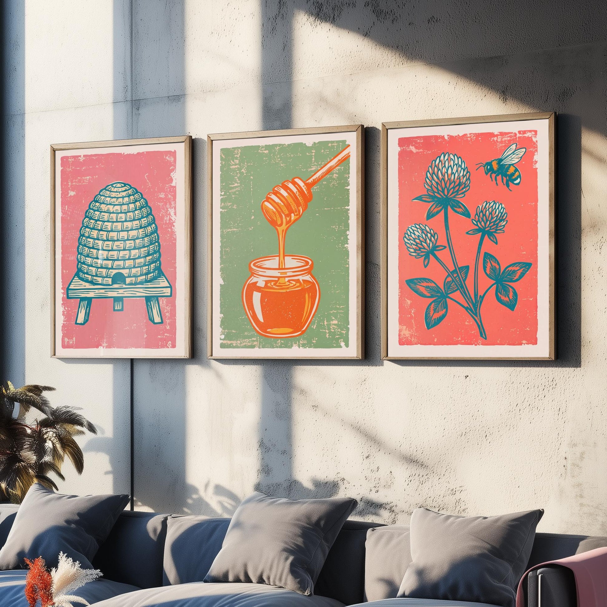Set of Three Skep Beehive, Honey Dipper and Clover Art Prints - Bee Linocut Illustrations - Honey Kitchen Posters V2