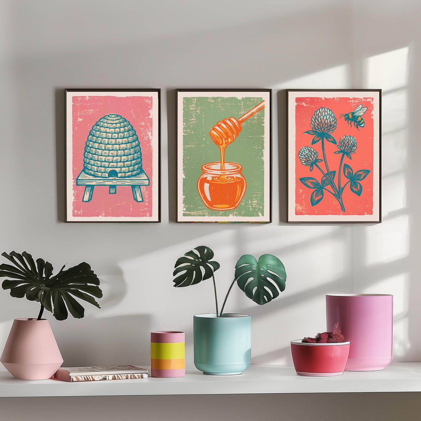 Set of Three Skep Beehive, Honey Dipper and Clover Art Prints - Bee Linocut Illustrations - Honey Kitchen Posters V2