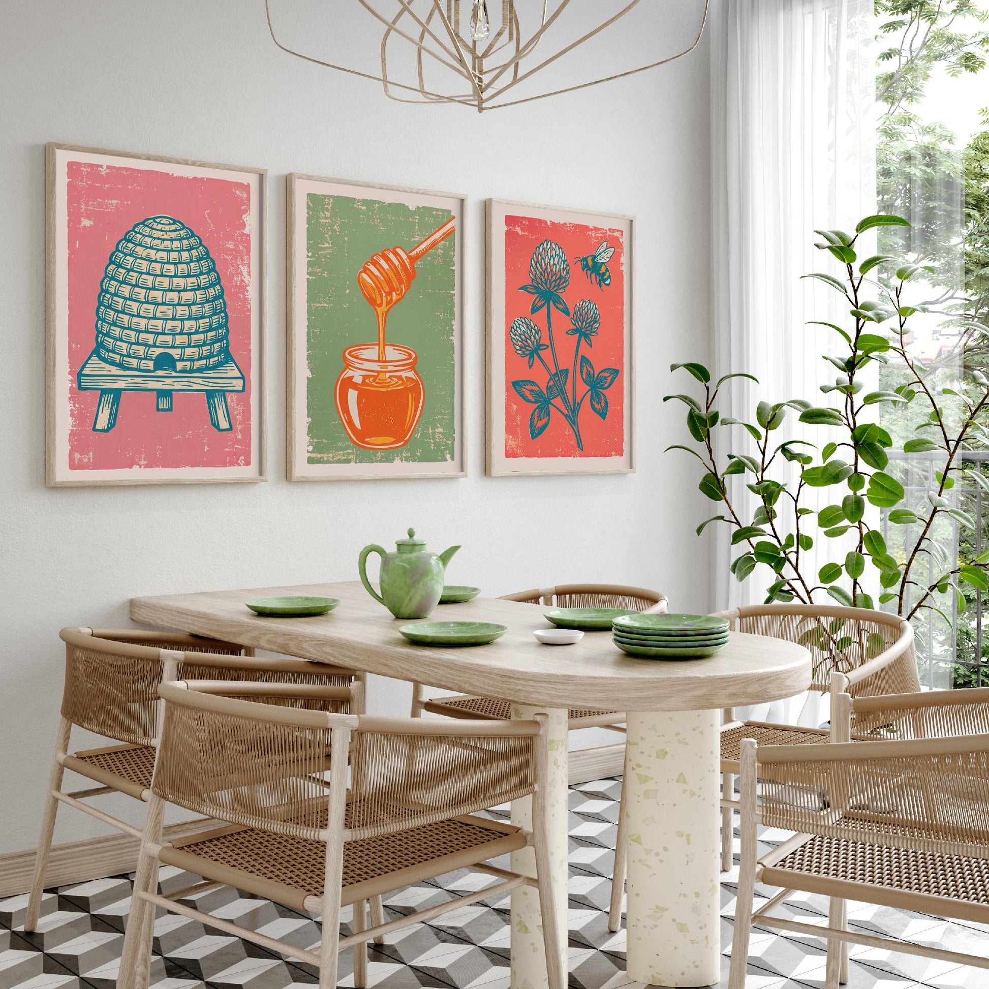 Set of Three Skep Beehive, Honey Dipper and Clover Art Prints - Bee Linocut Illustrations - Honey Kitchen Posters V2
