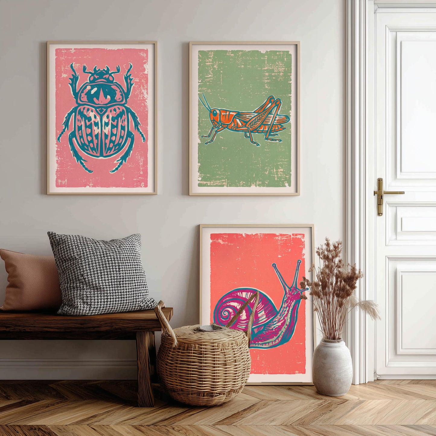 Scarab Beetle, Grasshopper and Snail - Set of Three Linocut Illustrations - Bug Art Prints - Nature Study Triptych Posters V2