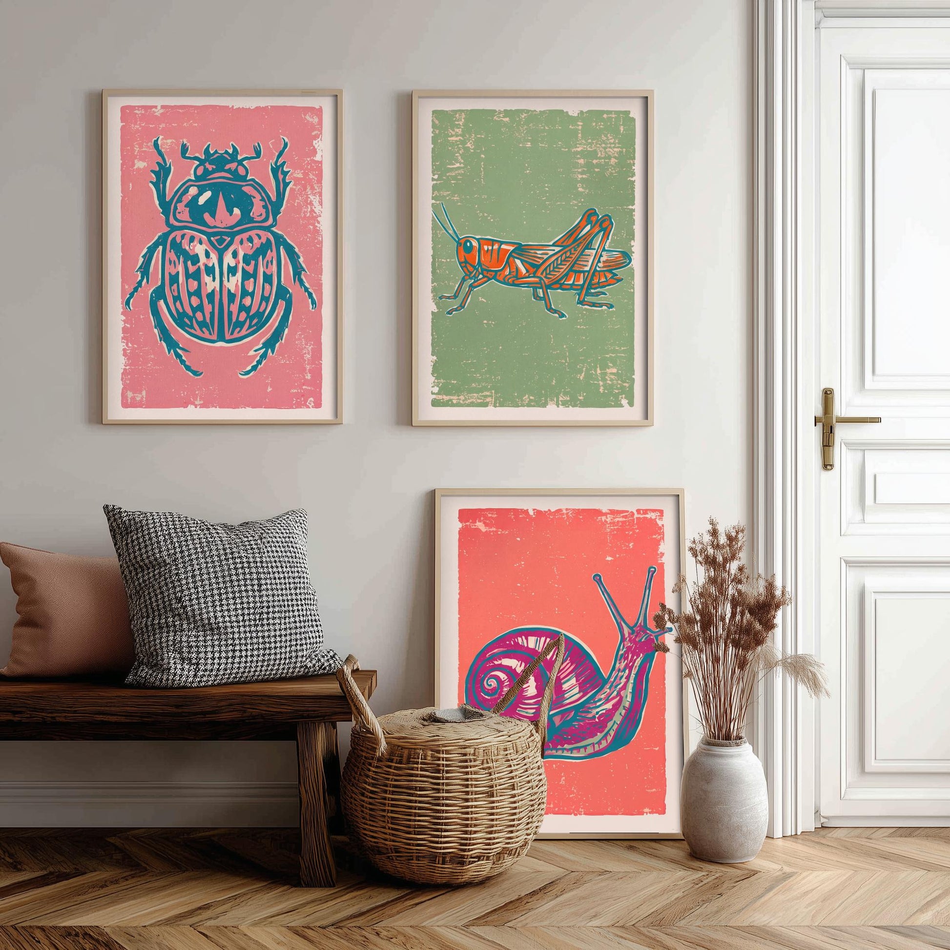 Scarab Beetle, Grasshopper and Snail - Set of Three Linocut Illustrations - Bug Art Prints - Nature Study Triptych Posters V2