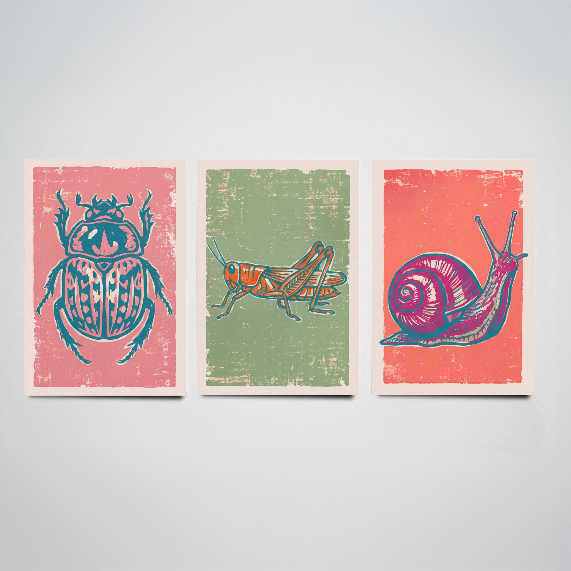 Scarab Beetle, Grasshopper and Snail - Set of Three Linocut Illustrations - Bug Art Prints - Nature Study Triptych Posters V2