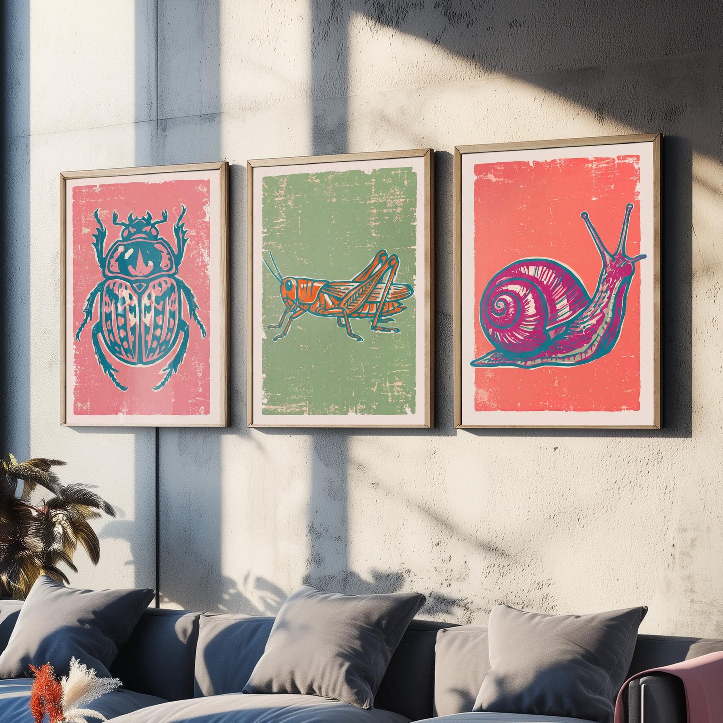 Scarab Beetle, Grasshopper and Snail - Set of Three Linocut Illustrations - Bug Art Prints - Nature Study Triptych Posters V2