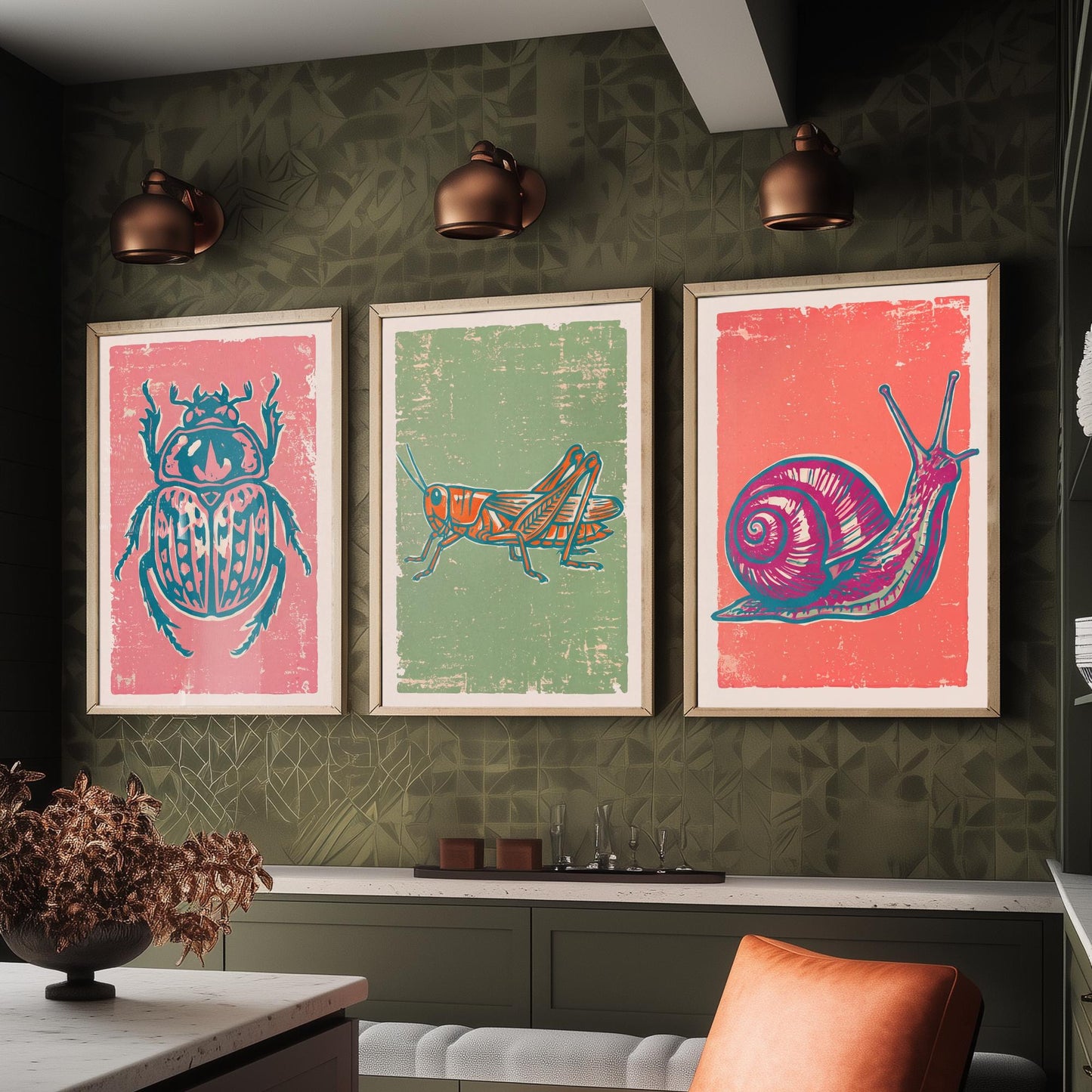 Scarab Beetle, Grasshopper and Snail - Set of Three Linocut Illustrations - Bug Art Prints - Nature Study Triptych Posters V2
