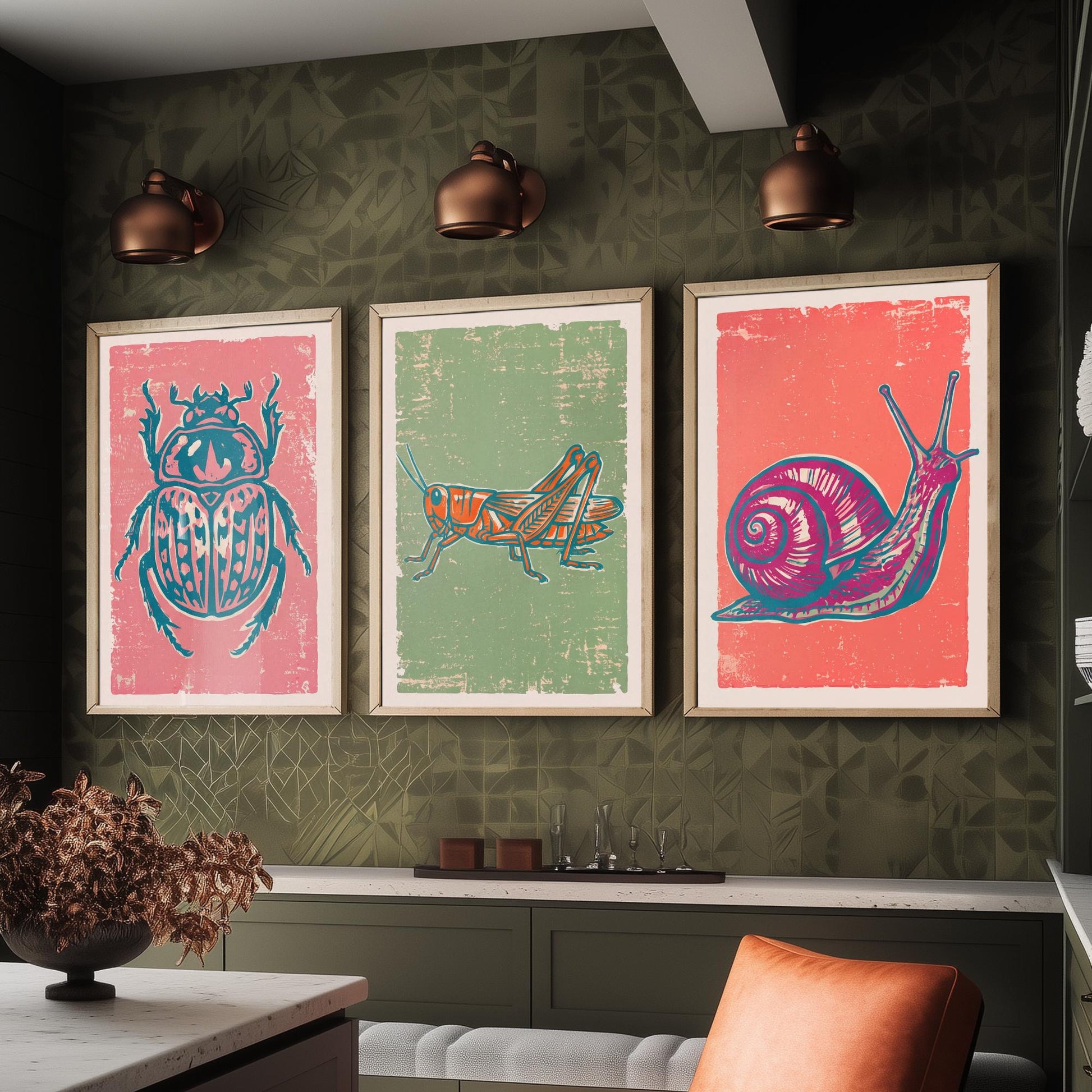 Scarab Beetle, Grasshopper and Snail - Set of Three Linocut Illustrations - Bug Art Prints - Nature Study Triptych Posters V2
