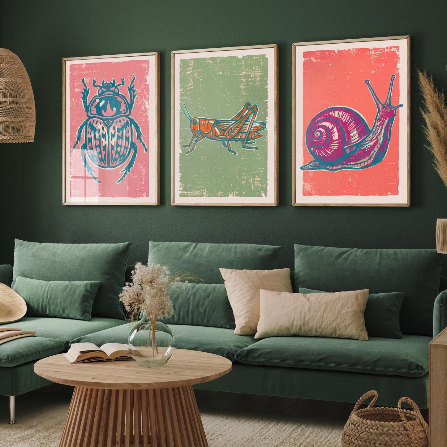 Scarab Beetle, Grasshopper and Snail - Set of Three Linocut Illustrations - Bug Art Prints - Nature Study Triptych Posters V2