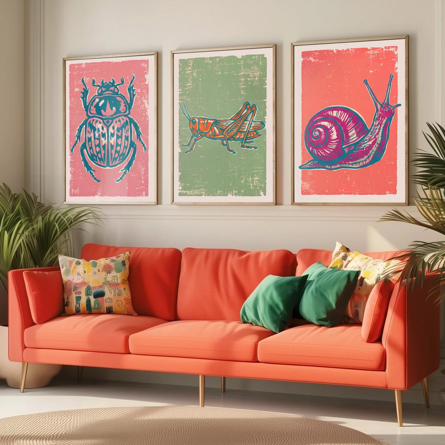 Scarab Beetle, Grasshopper and Snail - Set of Three Linocut Illustrations - Bug Art Prints - Nature Study Triptych Posters V2