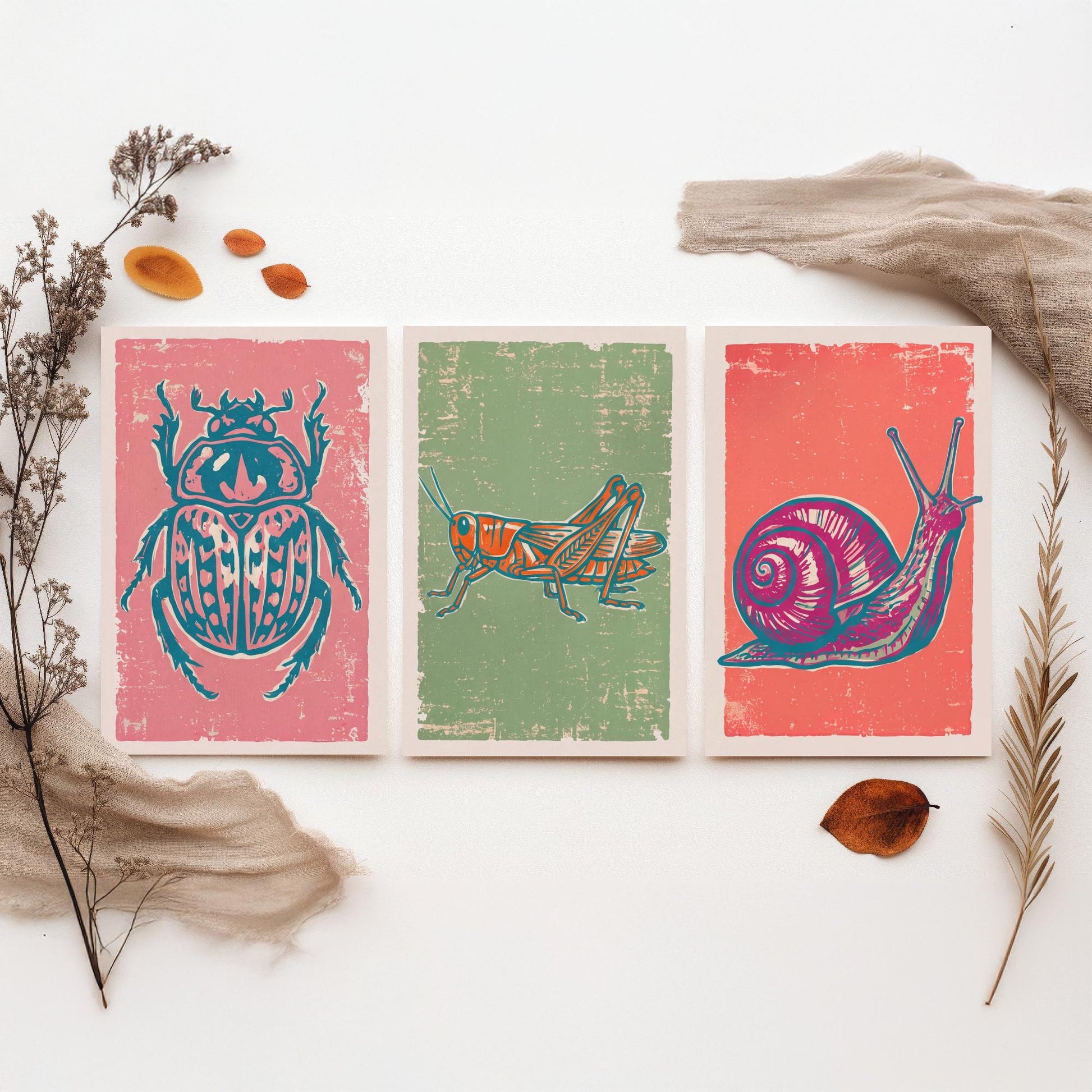 Scarab Beetle, Grasshopper and Snail - Set of Three Linocut Illustrations - Bug Art Prints - Nature Study Triptych Posters V2