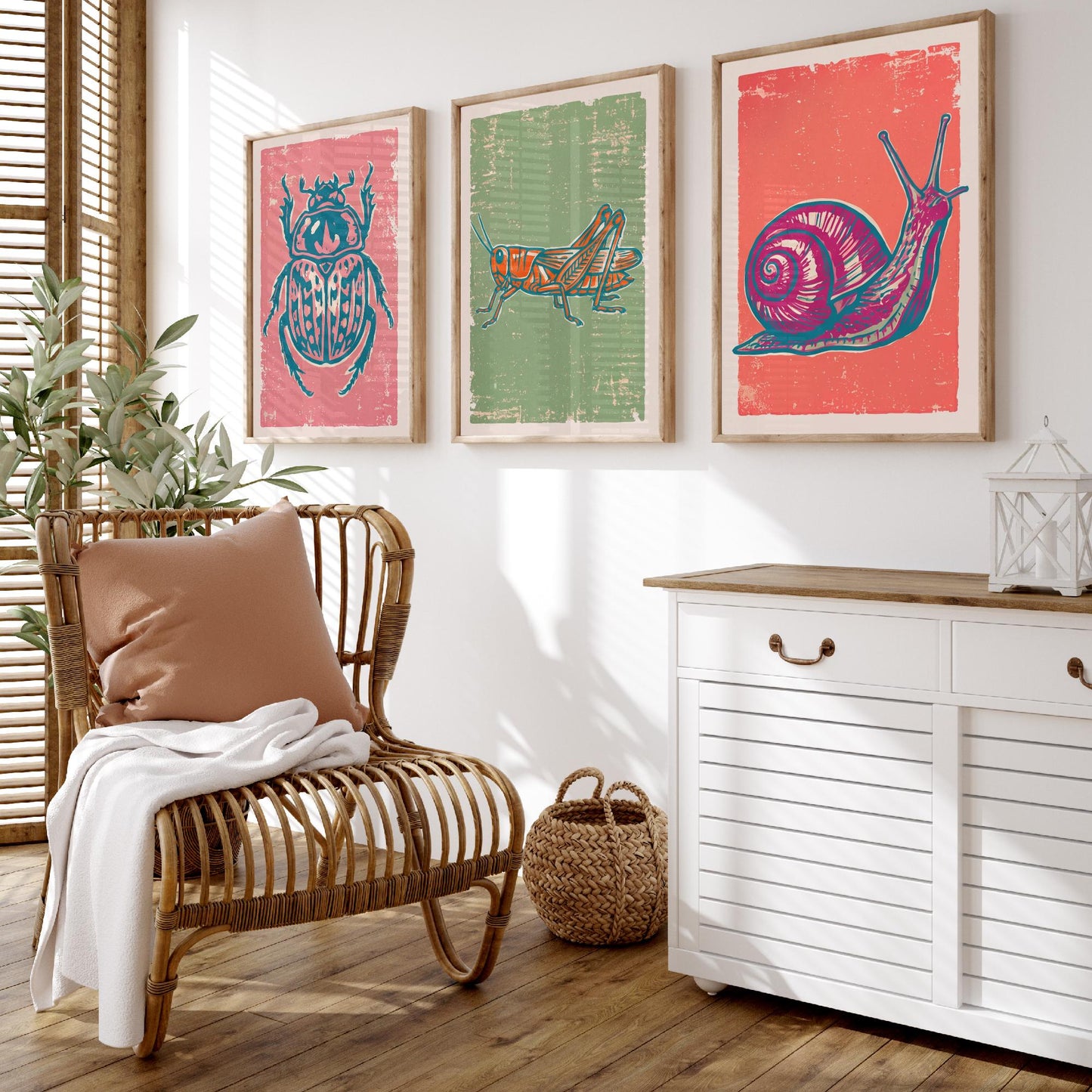 Scarab Beetle, Grasshopper and Snail - Set of Three Linocut Illustrations - Bug Art Prints - Nature Study Triptych Posters V2
