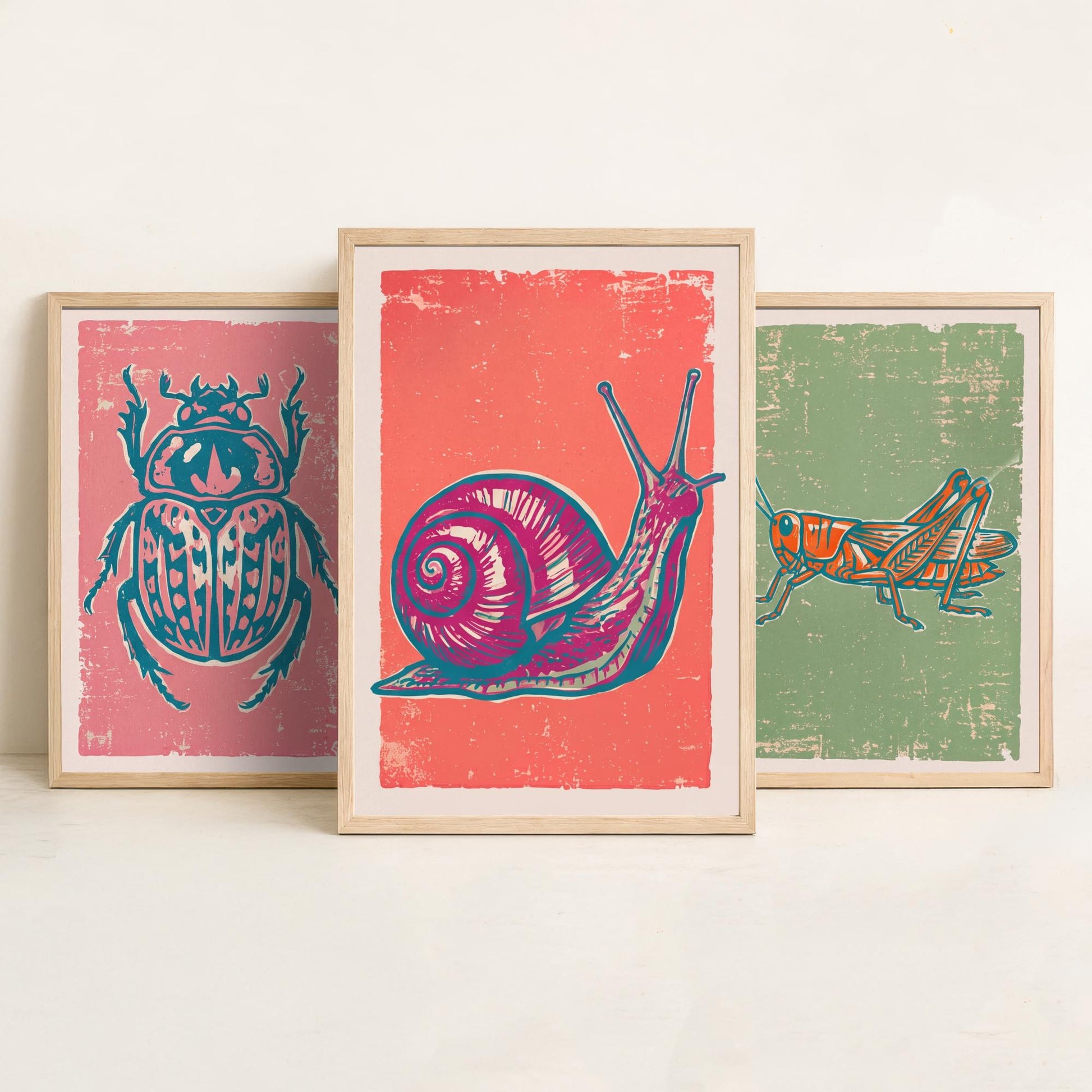 Scarab Beetle, Grasshopper and Snail - Set of Three Linocut Illustrations - Bug Art Prints - Nature Study Triptych Posters V2