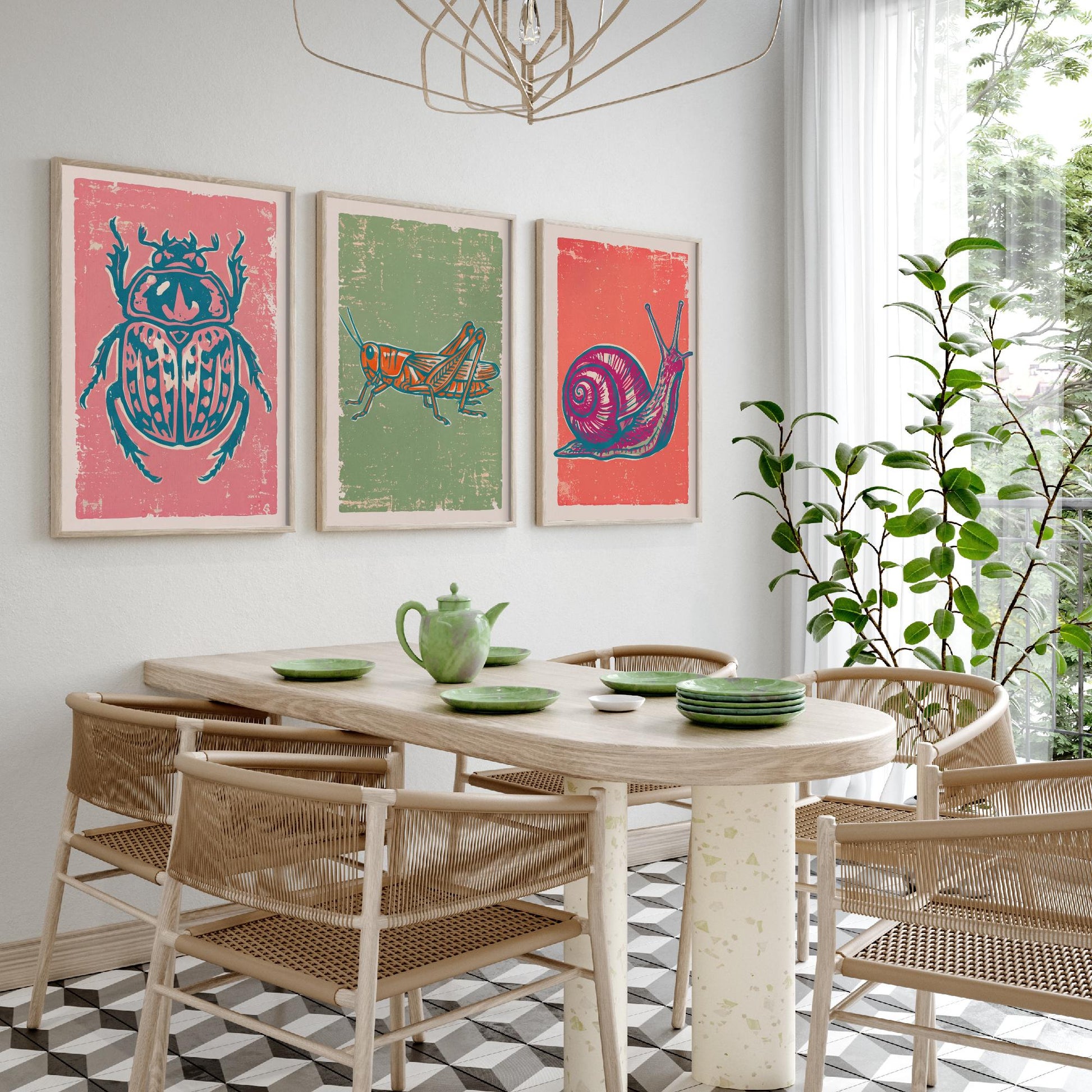 Scarab Beetle, Grasshopper and Snail - Set of Three Linocut Illustrations - Bug Art Prints - Nature Study Triptych Posters V2