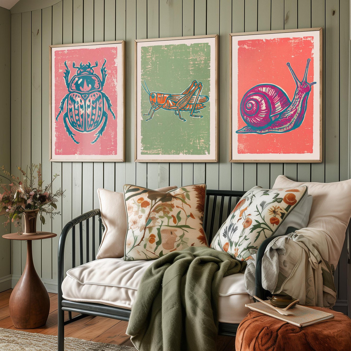 Scarab Beetle, Grasshopper and Snail - Set of Three Linocut Illustrations - Bug Art Prints - Nature Study Triptych Posters V2