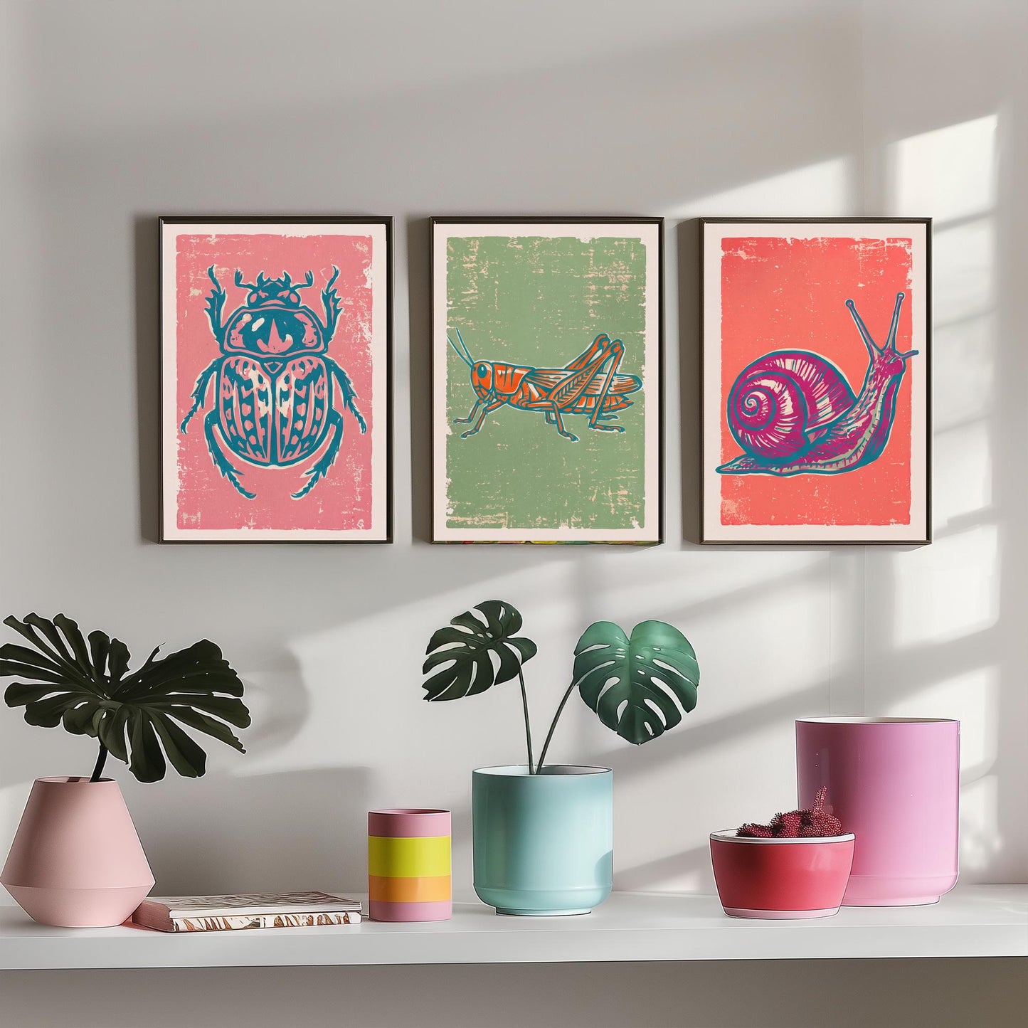 Scarab Beetle, Grasshopper and Snail - Set of Three Linocut Illustrations - Bug Art Prints - Nature Study Triptych Posters V2