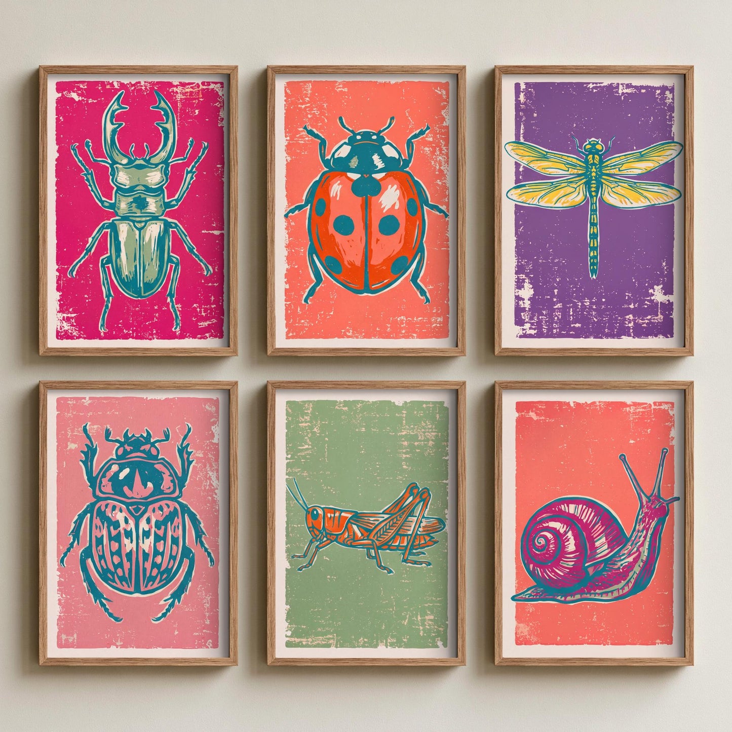 Set of Six Beetles and Bugs Linocut Art Prints - 6 Illustrations - Stag Beetle, Ladybird, Dragonfly, Scarab, Grasshopper, Snail Posters