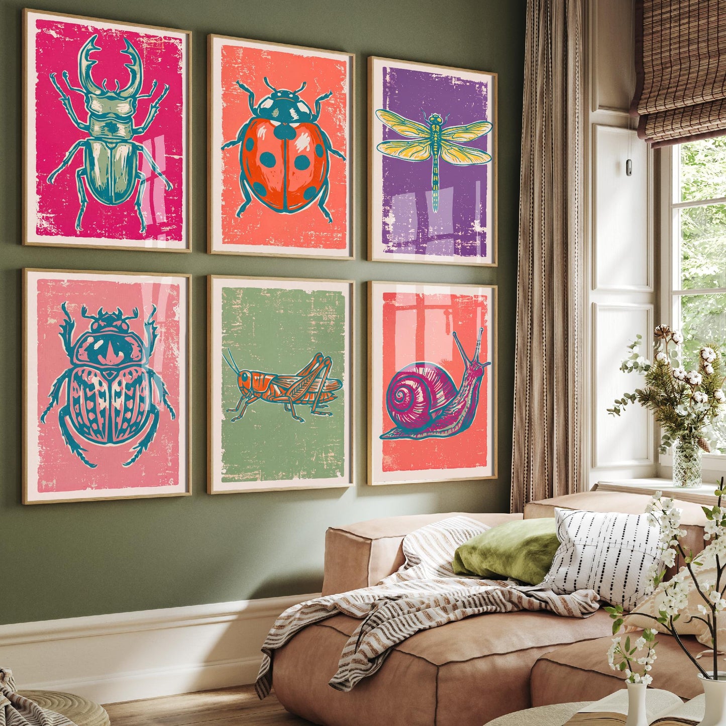 Set of Six Beetles and Bugs Linocut Art Prints - 6 Illustrations - Stag Beetle, Ladybird, Dragonfly, Scarab, Grasshopper, Snail Posters