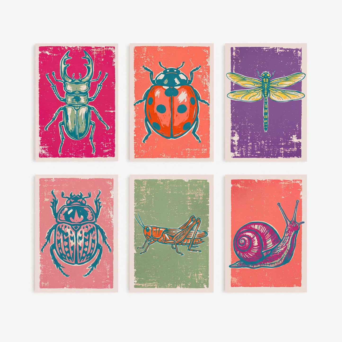 Set of Six Beetles and Bugs Linocut Art Prints - 6 Illustrations - Stag Beetle, Ladybird, Dragonfly, Scarab, Grasshopper, Snail Posters