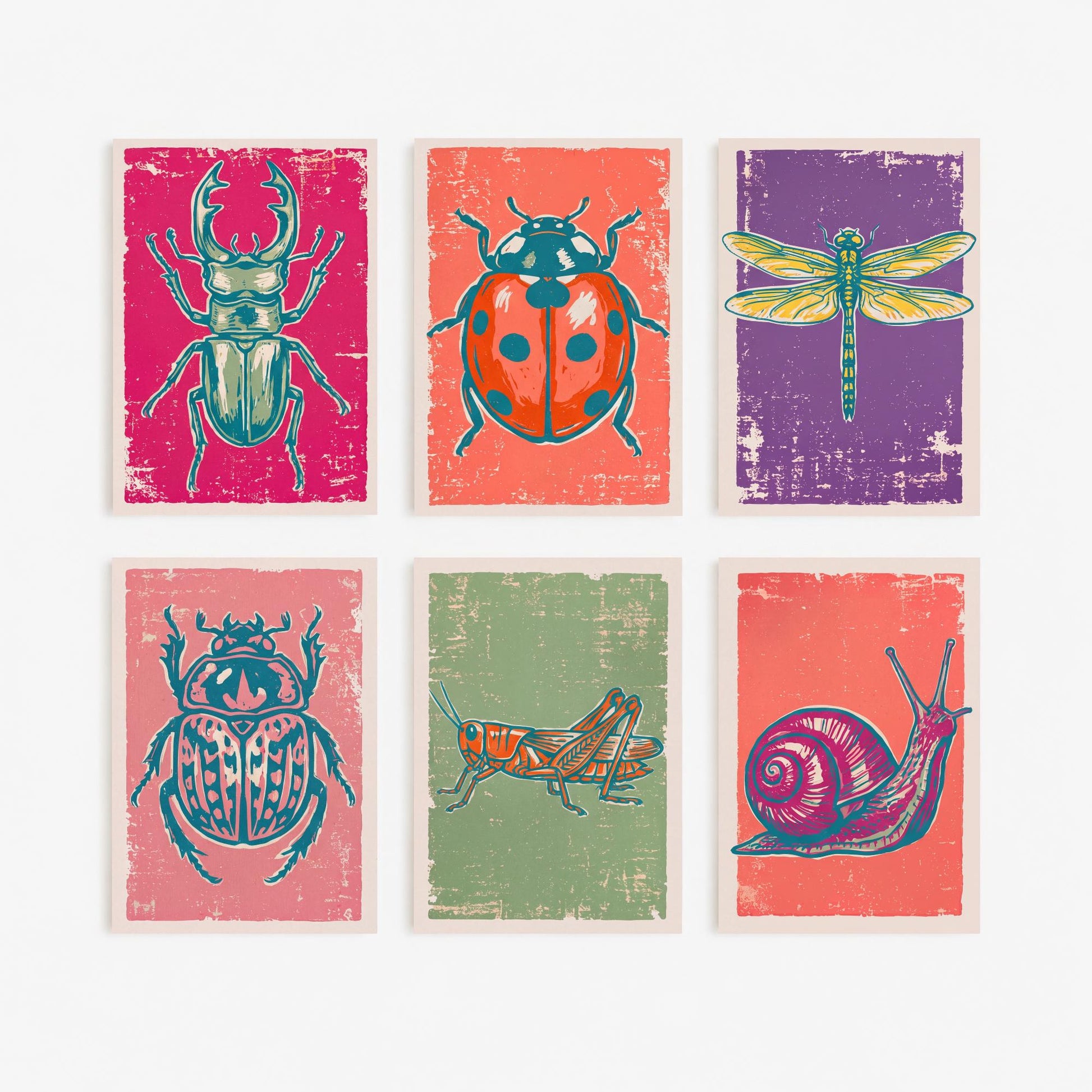 Set of Six Beetles and Bugs Linocut Art Prints - 6 Illustrations - Stag Beetle, Ladybird, Dragonfly, Scarab, Grasshopper, Snail Posters