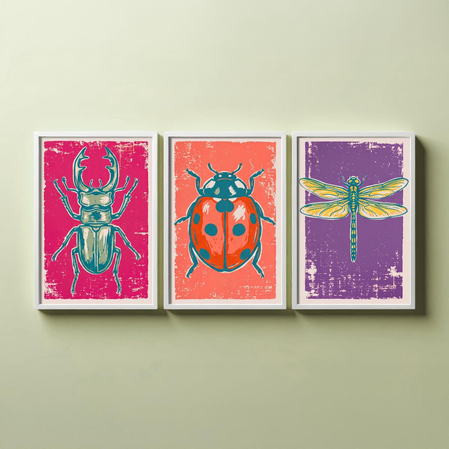 Stag Beetle, Ladybird and Dragonfly - Set of Three Linocut Illustrations - Insect Art Prints - Entomology Wall Posters V1