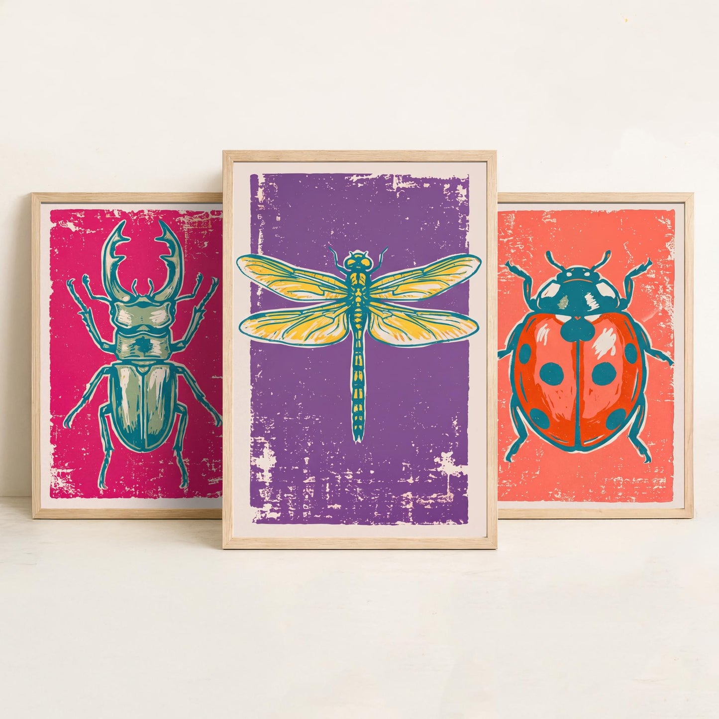Stag Beetle, Ladybird and Dragonfly - Set of Three Linocut Illustrations - Insect Art Prints - Entomology Wall Posters V1