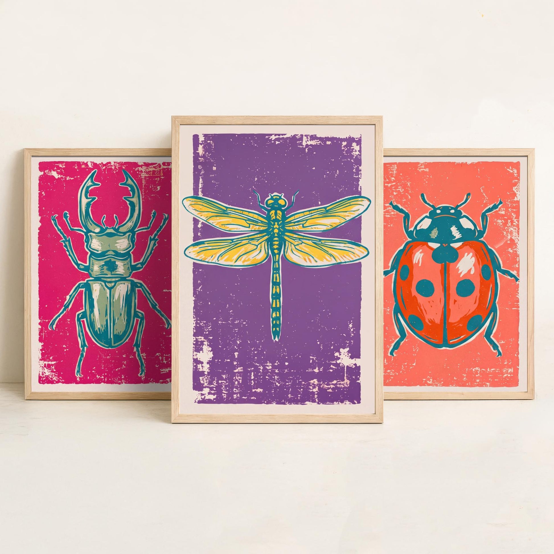 Stag Beetle, Ladybird and Dragonfly - Set of Three Linocut Illustrations - Insect Art Prints - Entomology Wall Posters V1