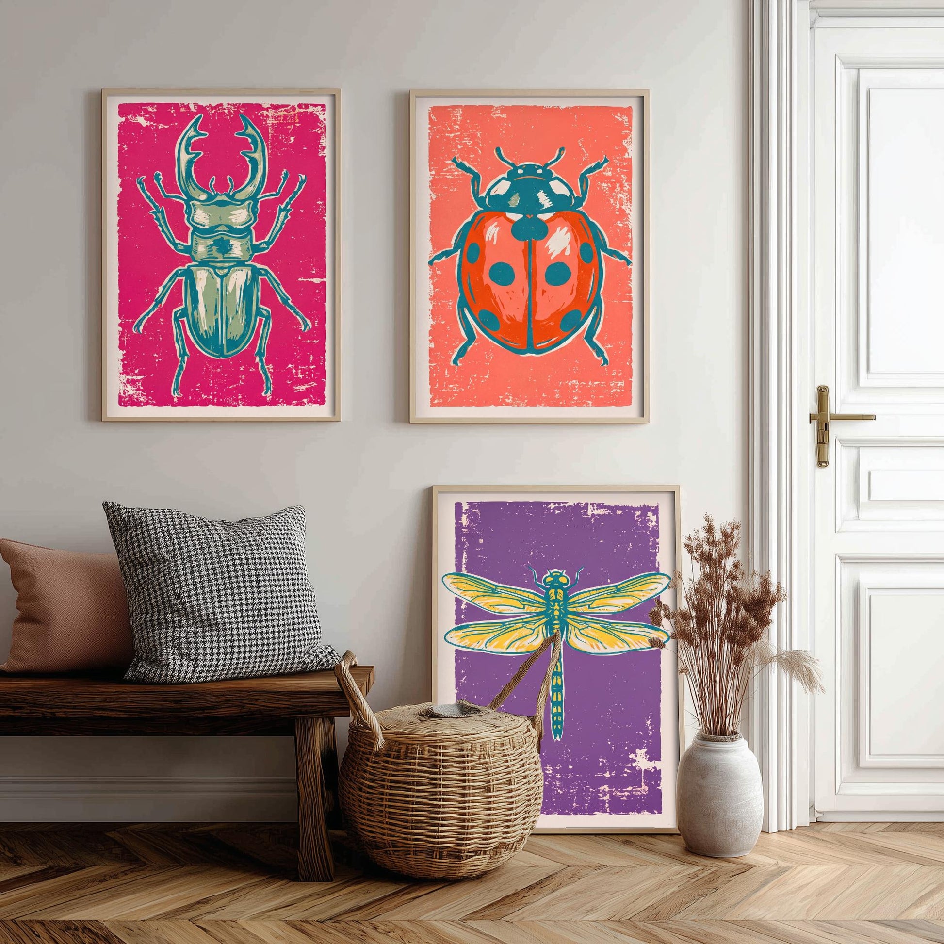 Stag Beetle, Ladybird and Dragonfly - Set of Three Linocut Illustrations - Insect Art Prints - Entomology Wall Posters V1