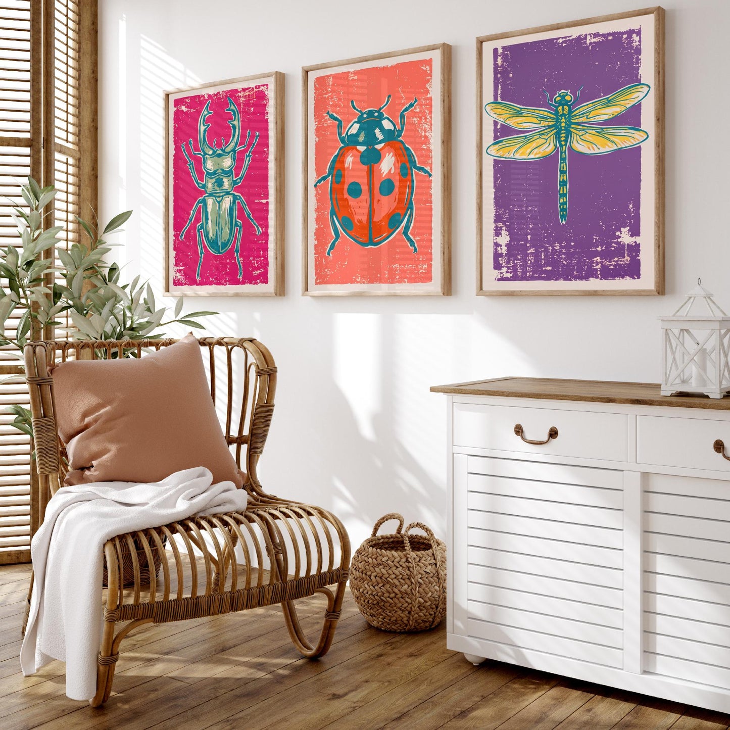 Stag Beetle, Ladybird and Dragonfly - Set of Three Linocut Illustrations - Insect Art Prints - Entomology Wall Posters V1