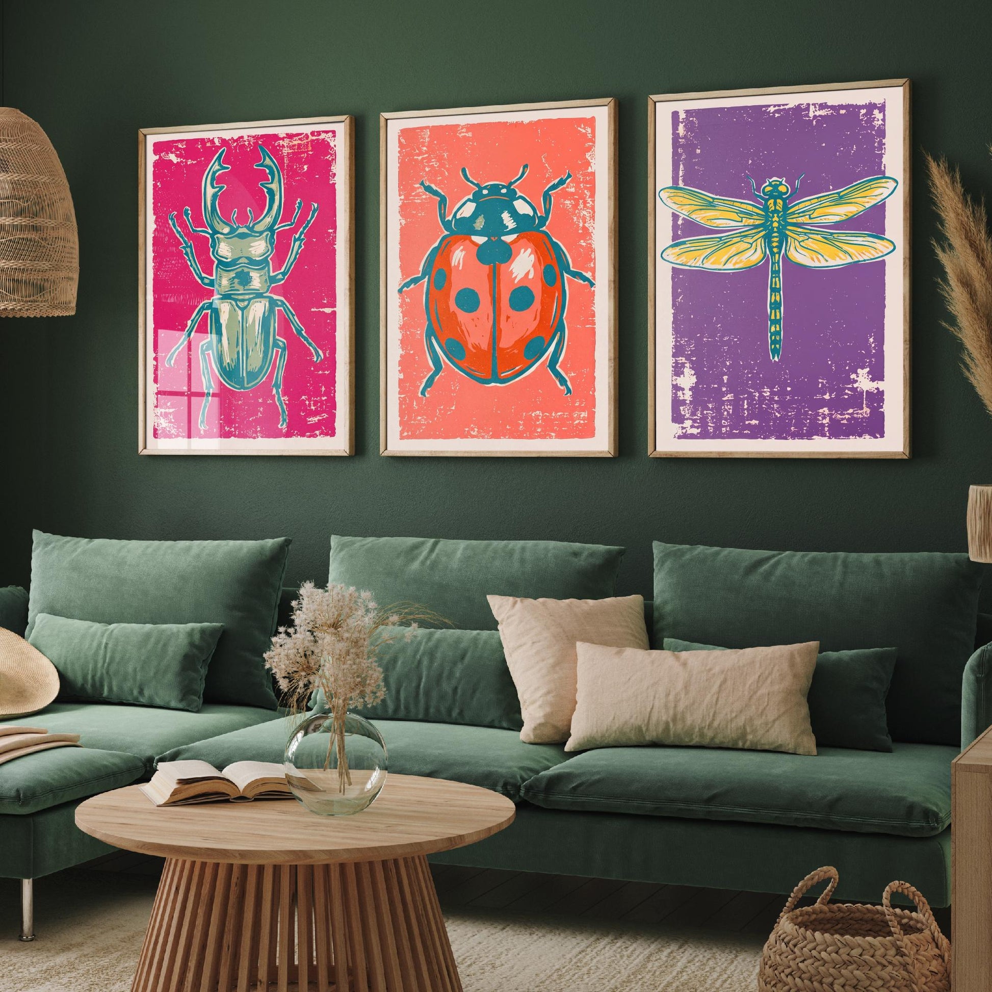 Stag Beetle, Ladybird and Dragonfly - Set of Three Linocut Illustrations - Insect Art Prints - Entomology Wall Posters V1