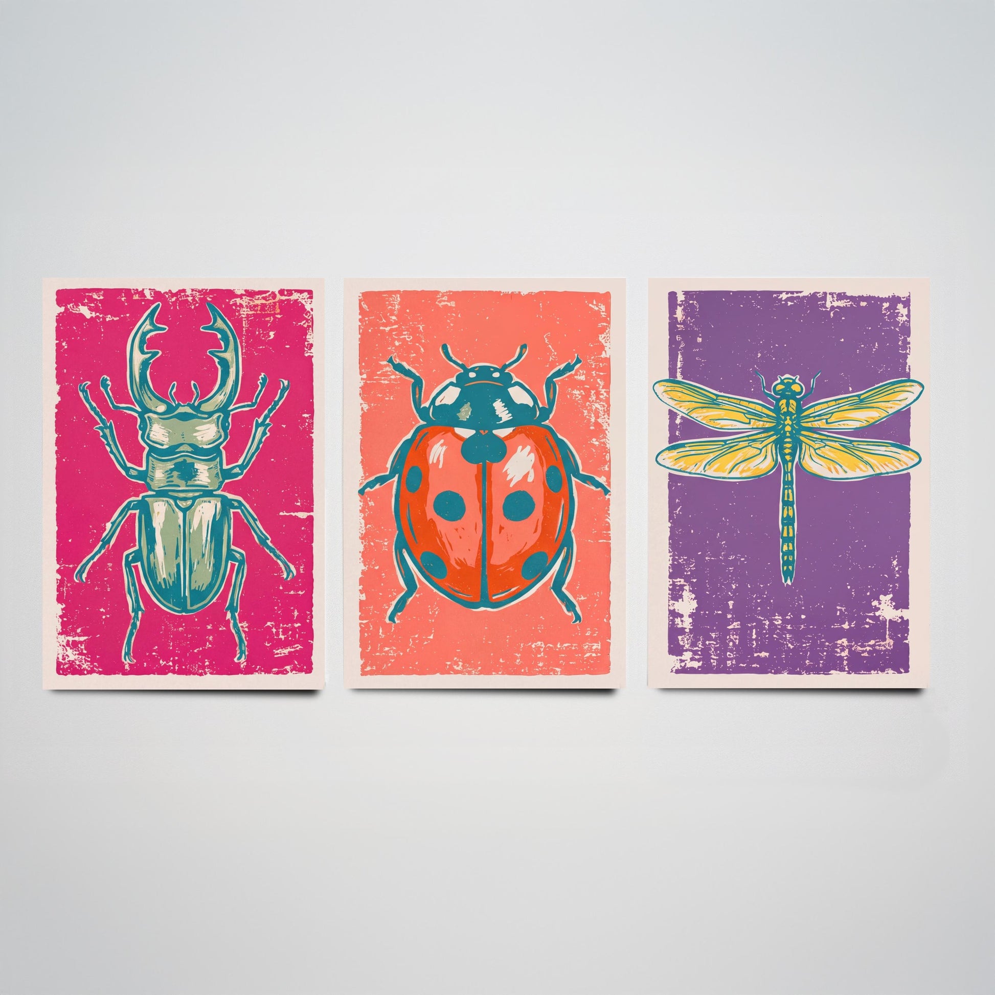 Stag Beetle, Ladybird and Dragonfly - Set of Three Linocut Illustrations - Insect Art Prints - Entomology Wall Posters V1
