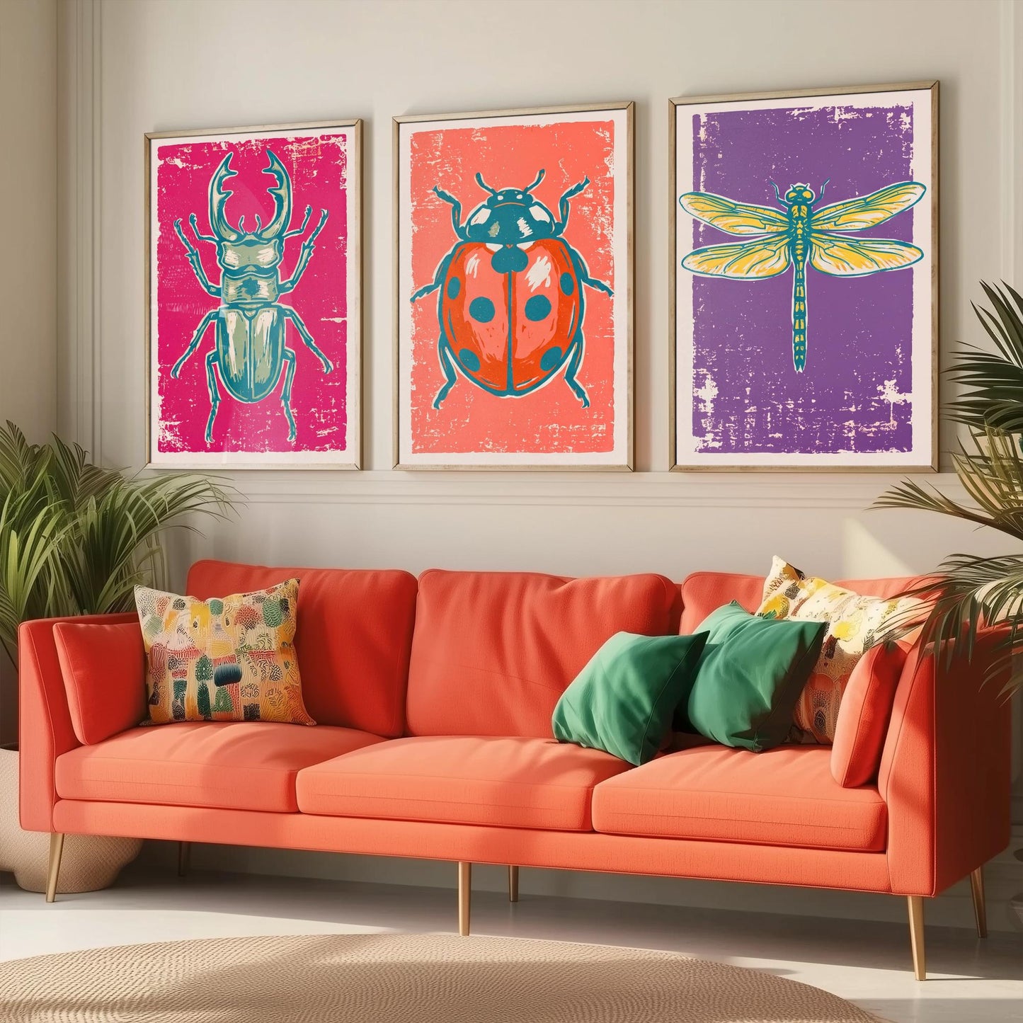 Stag Beetle, Ladybird and Dragonfly - Set of Three Linocut Illustrations - Insect Art Prints - Entomology Wall Posters V1