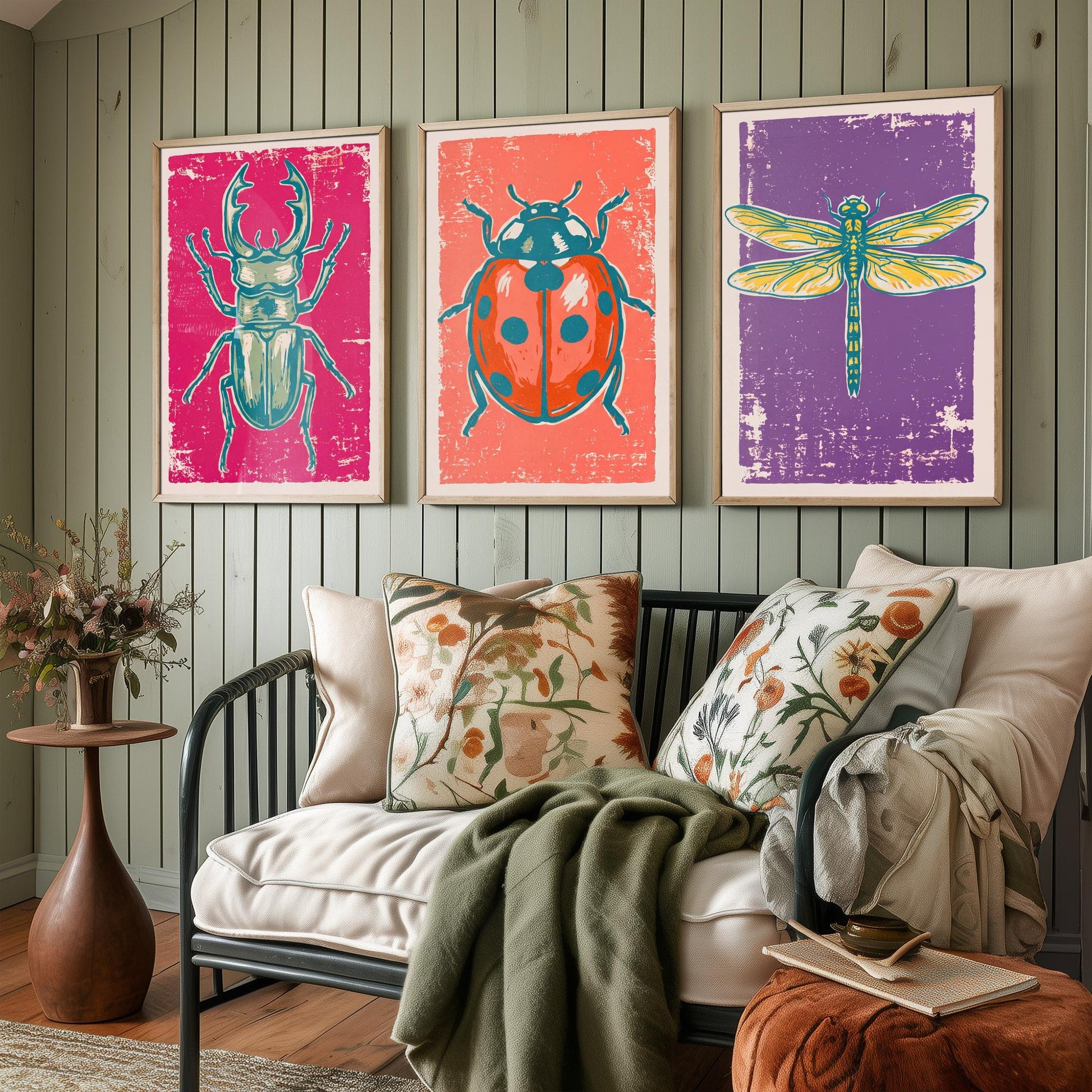 Stag Beetle, Ladybird and Dragonfly - Set of Three Linocut Illustrations - Insect Art Prints - Entomology Wall Posters V1