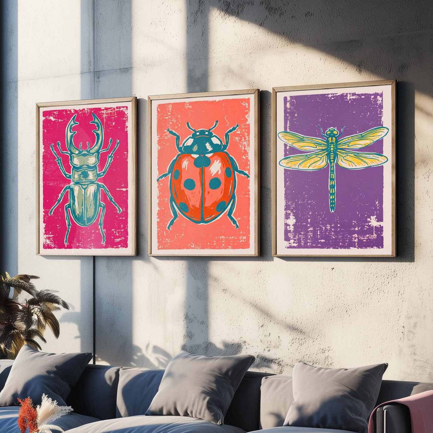Stag Beetle, Ladybird and Dragonfly - Set of Three Linocut Illustrations - Insect Art Prints - Entomology Wall Posters V1