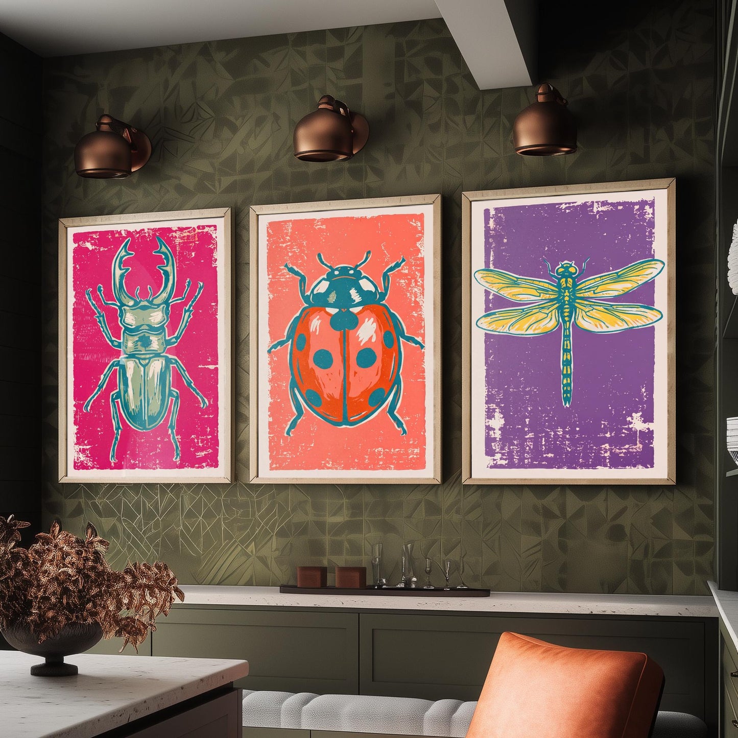 Stag Beetle, Ladybird and Dragonfly - Set of Three Linocut Illustrations - Insect Art Prints - Entomology Wall Posters V1