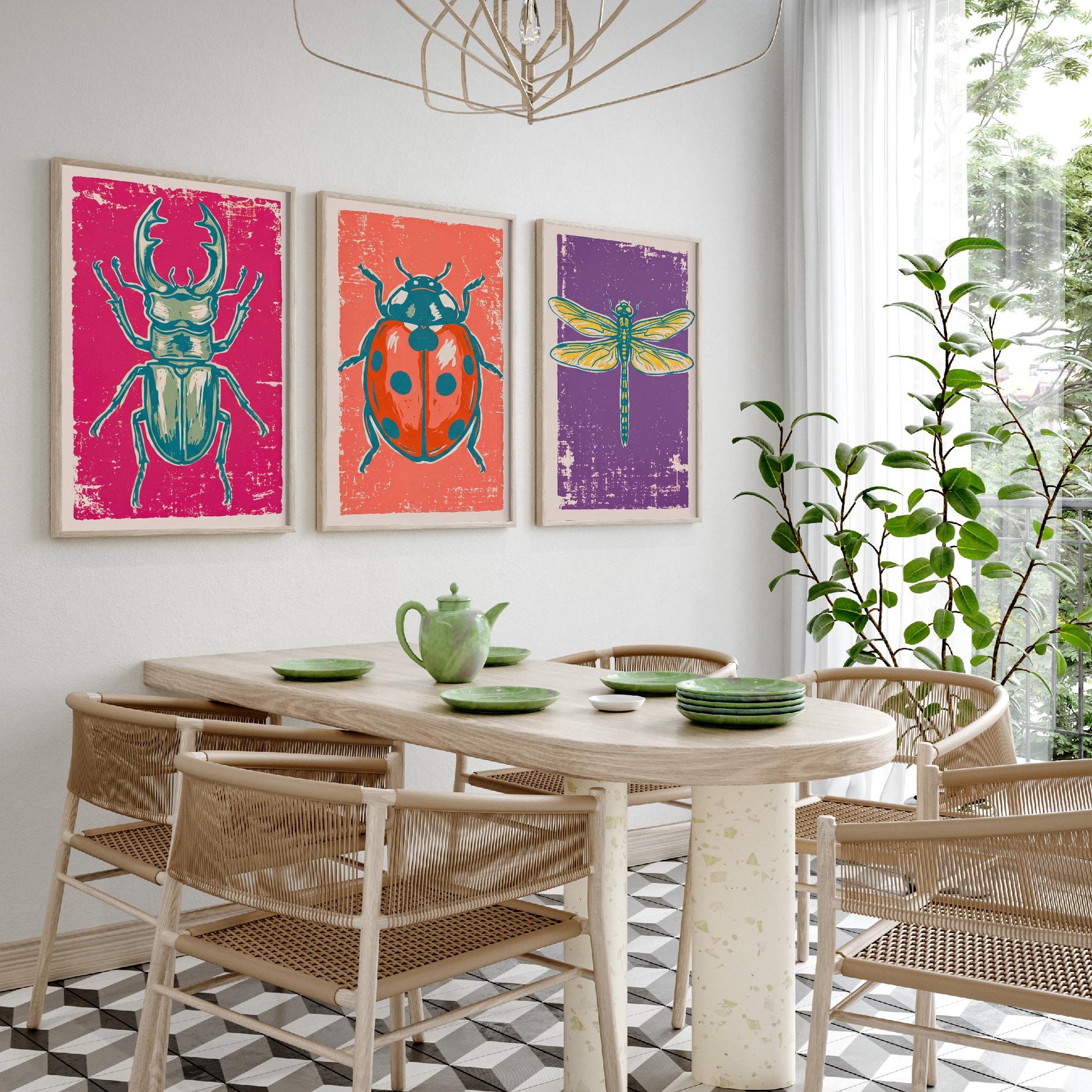 Stag Beetle, Ladybird and Dragonfly - Set of Three Linocut Illustrations - Insect Art Prints - Entomology Wall Posters V1