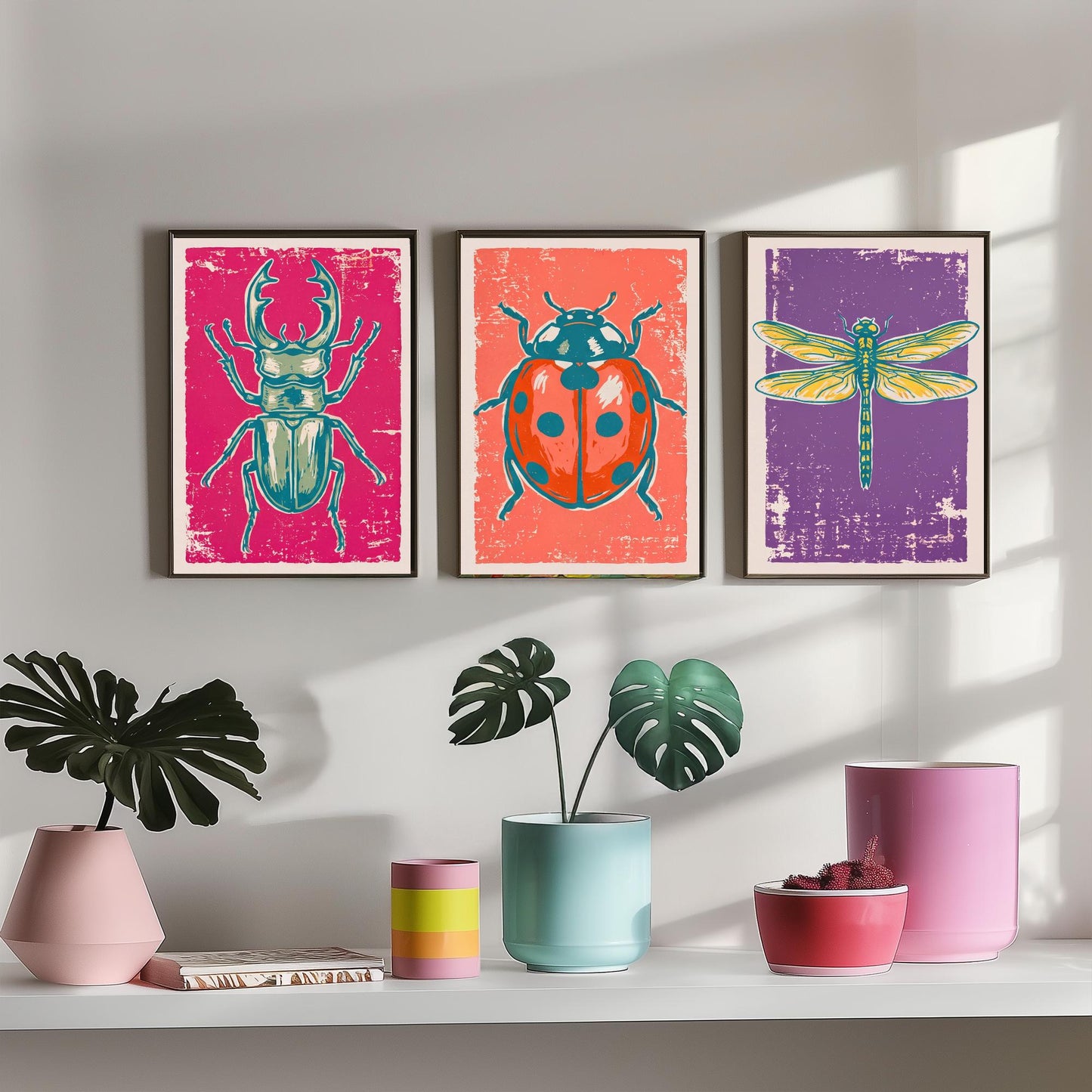 Stag Beetle, Ladybird and Dragonfly - Set of Three Linocut Illustrations - Insect Art Prints - Entomology Wall Posters V1