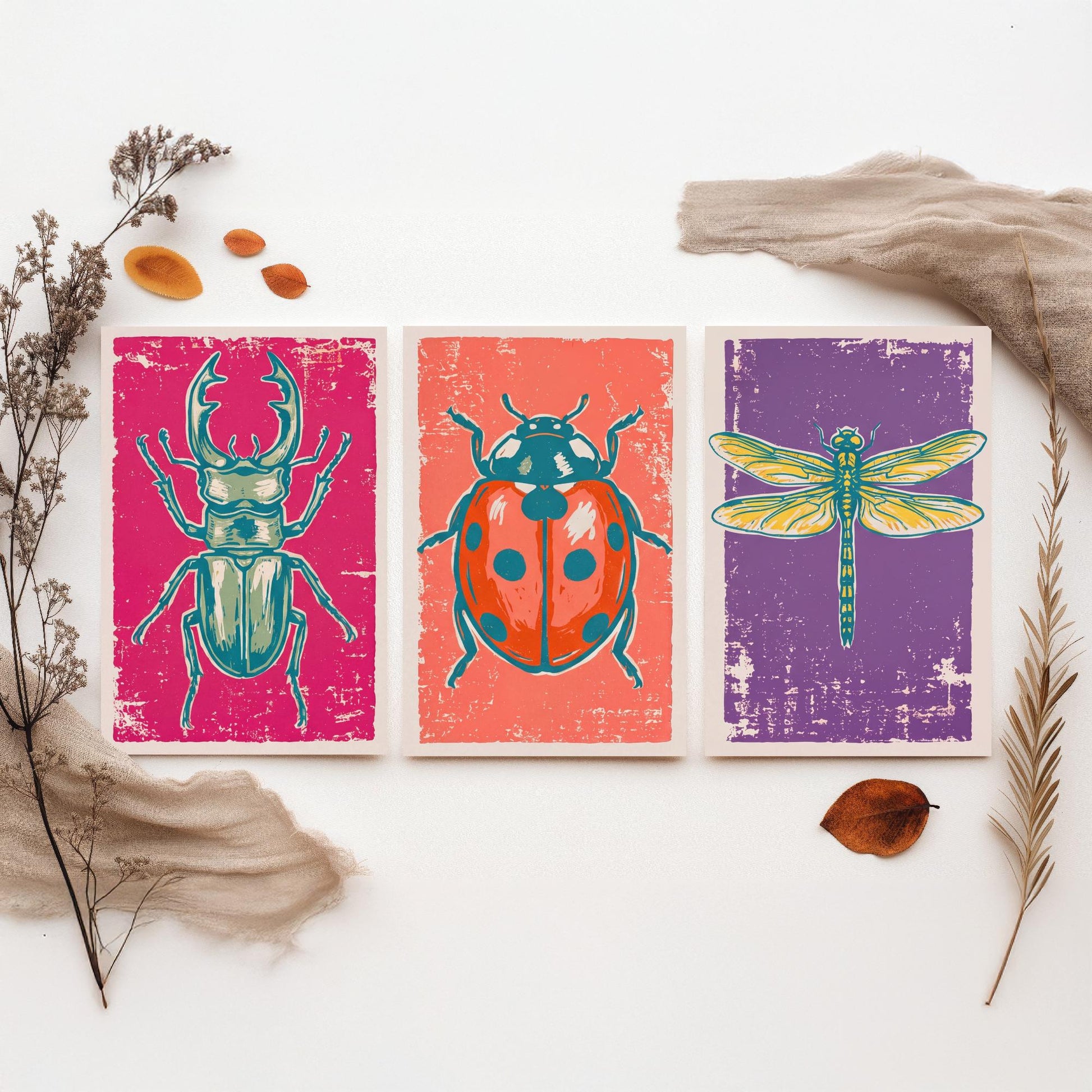 Stag Beetle, Ladybird and Dragonfly - Set of Three Linocut Illustrations - Insect Art Prints - Entomology Wall Posters V1