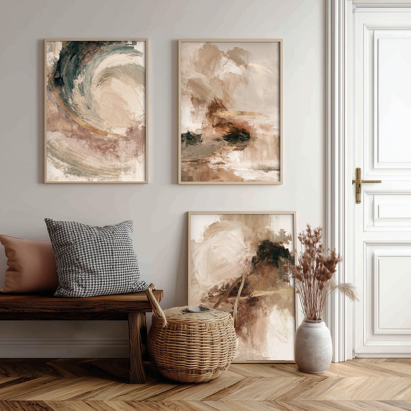 Beige and Gold Abstract Set of Three Art Prints - Textured Brushstroke Landscapes in Cream, Sage and Rust - Modern Posters Painting