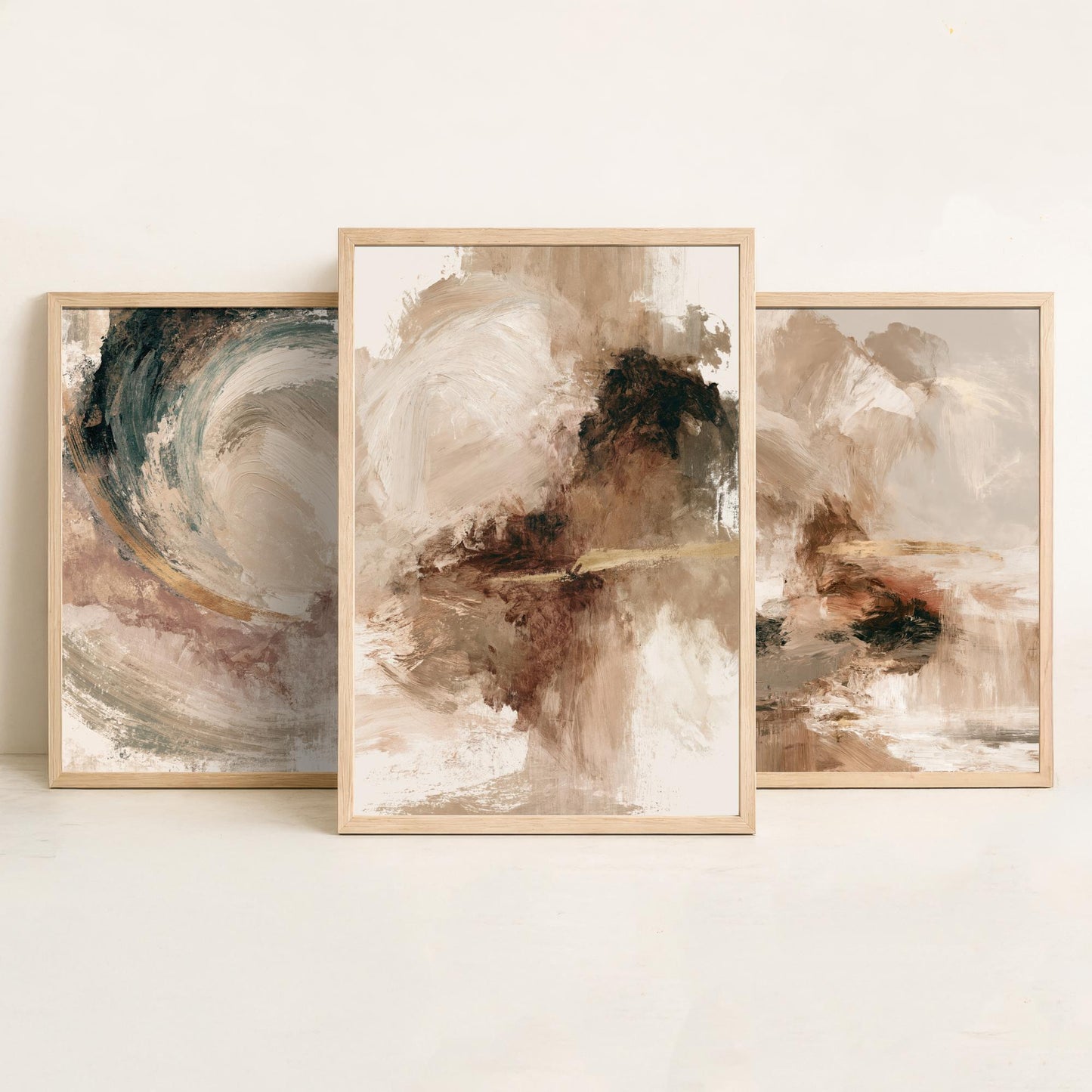 Beige and Gold Abstract Set of Three Art Prints - Textured Brushstroke Landscapes in Cream, Sage and Rust - Modern Posters Painting