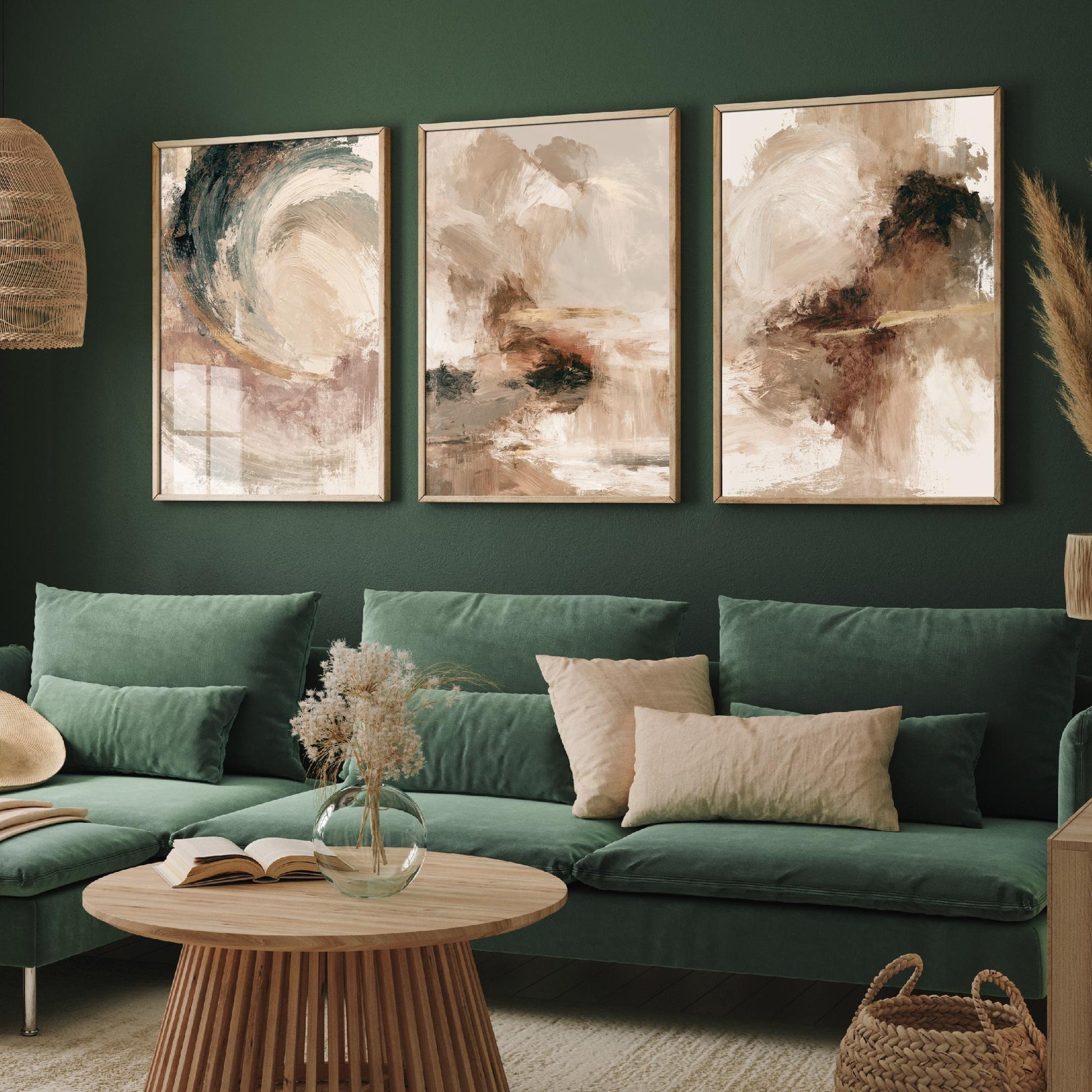 Beige and Gold Abstract Set of Three Art Prints - Textured Brushstroke Landscapes in Cream, Sage and Rust - Modern Posters Painting
