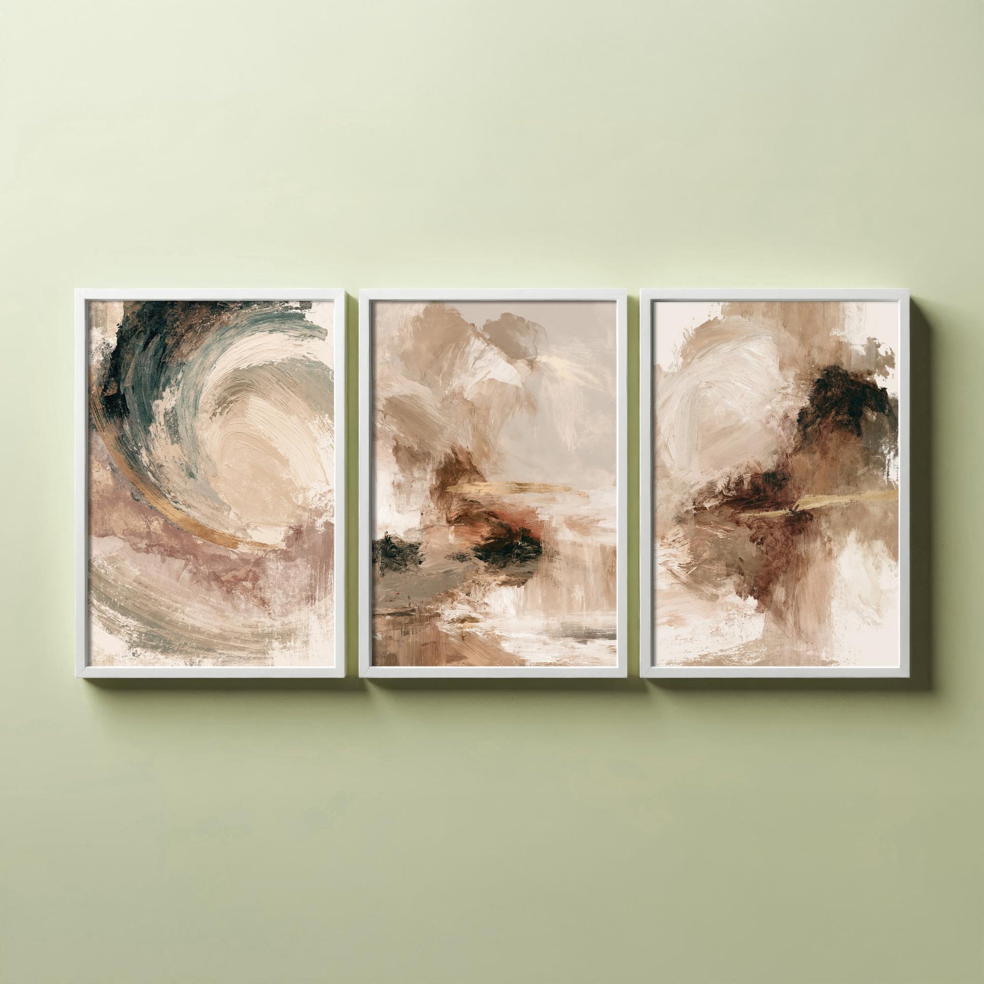 Beige and Gold Abstract Set of Three Art Prints - Textured Brushstroke Landscapes in Cream, Sage and Rust - Modern Posters Painting