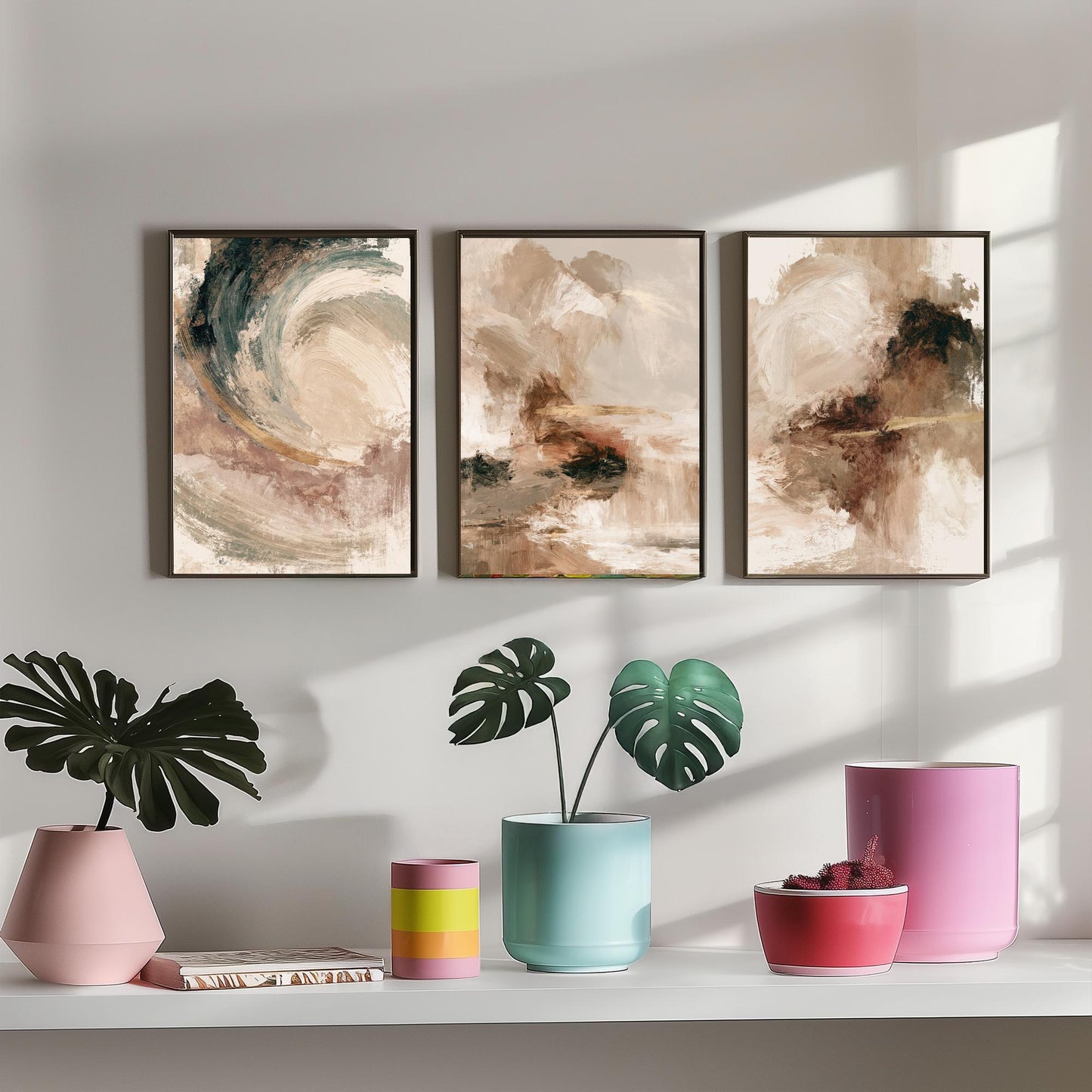 Beige and Gold Abstract Set of Three Art Prints - Textured Brushstroke Landscapes in Cream, Sage and Rust - Modern Posters Painting