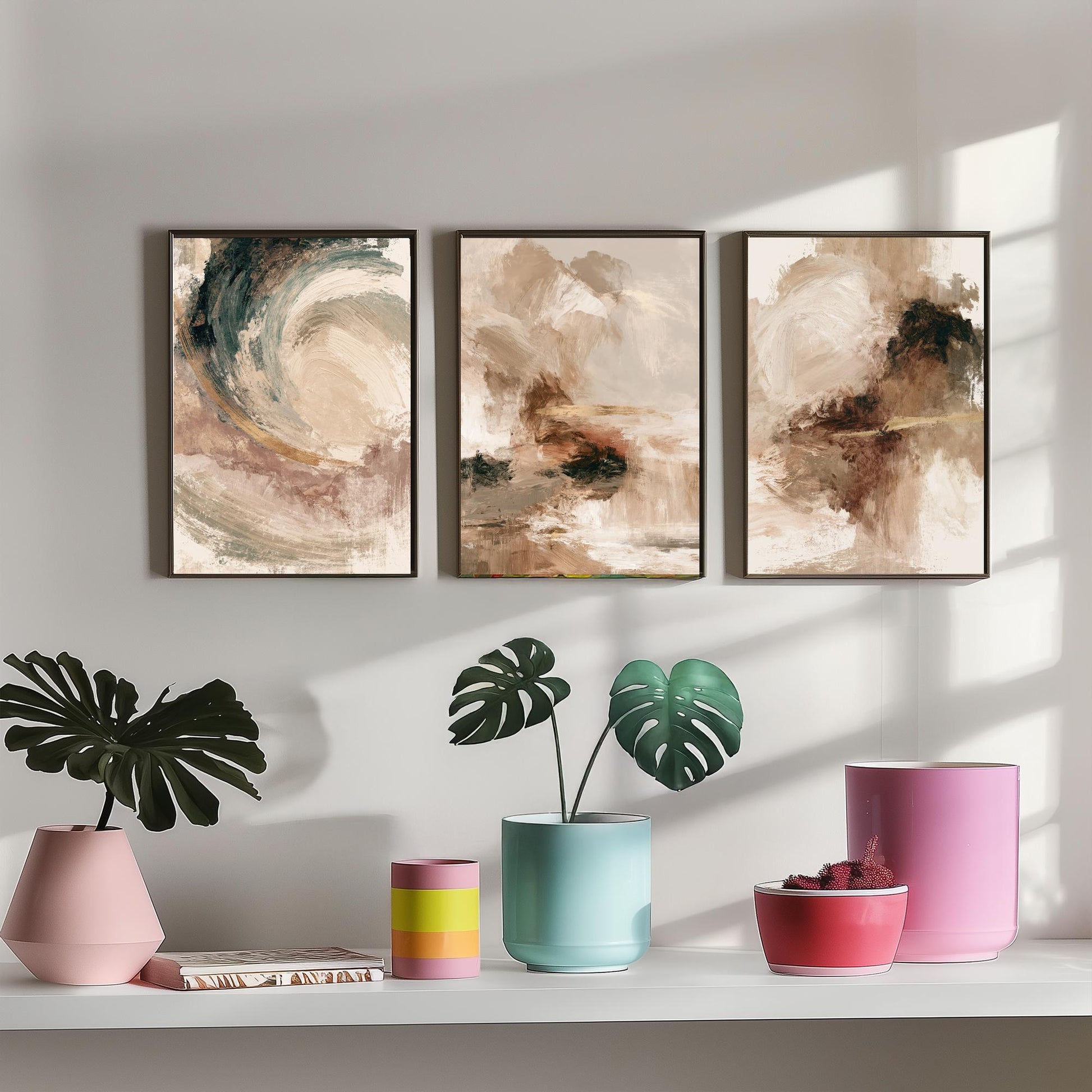 Beige and Gold Abstract Set of Three Art Prints - Textured Brushstroke Landscapes in Cream, Sage and Rust - Modern Posters Painting