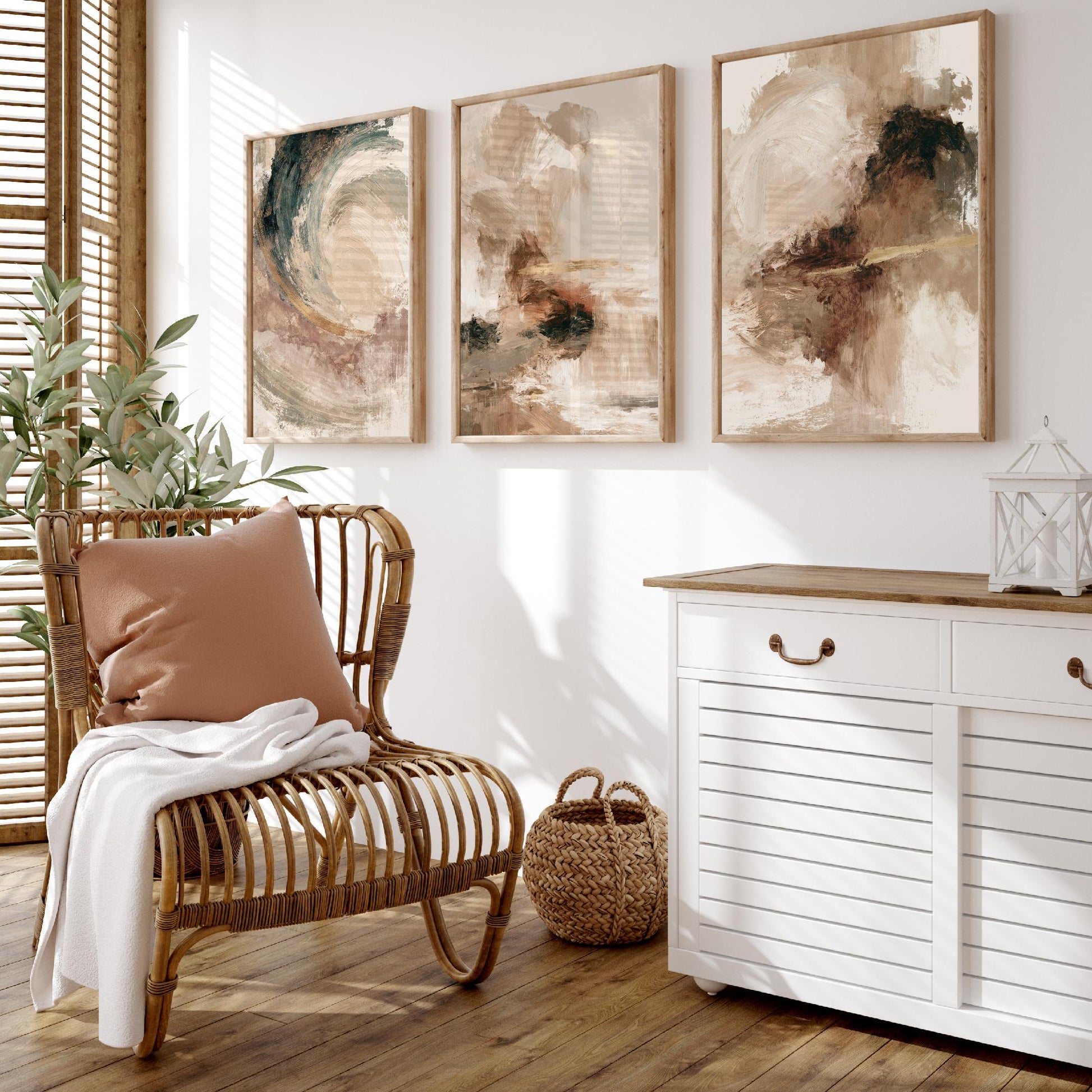 Beige and Gold Abstract Set of Three Art Prints - Textured Brushstroke Landscapes in Cream, Sage and Rust - Modern Posters Painting