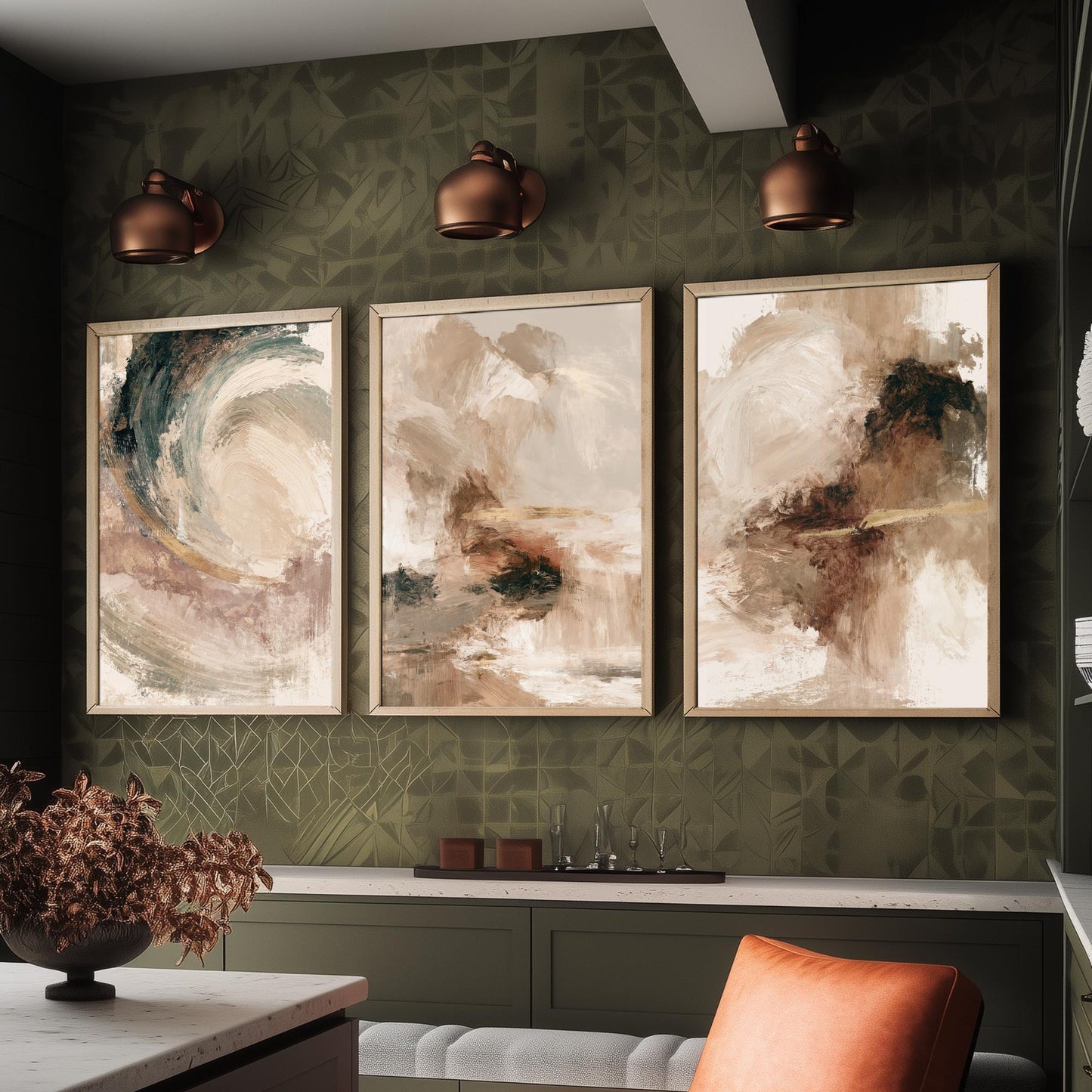 Beige and Gold Abstract Set of Three Art Prints - Textured Brushstroke Landscapes in Cream, Sage and Rust - Modern Posters Painting