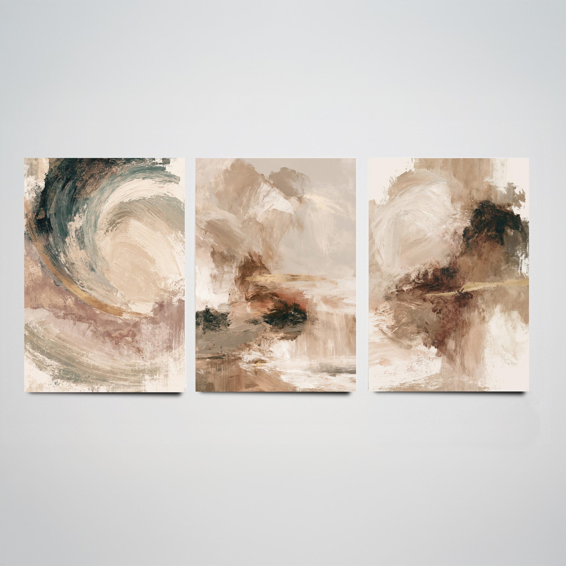 Beige and Gold Abstract Set of Three Art Prints - Textured Brushstroke Landscapes in Cream, Sage and Rust - Modern Posters Painting