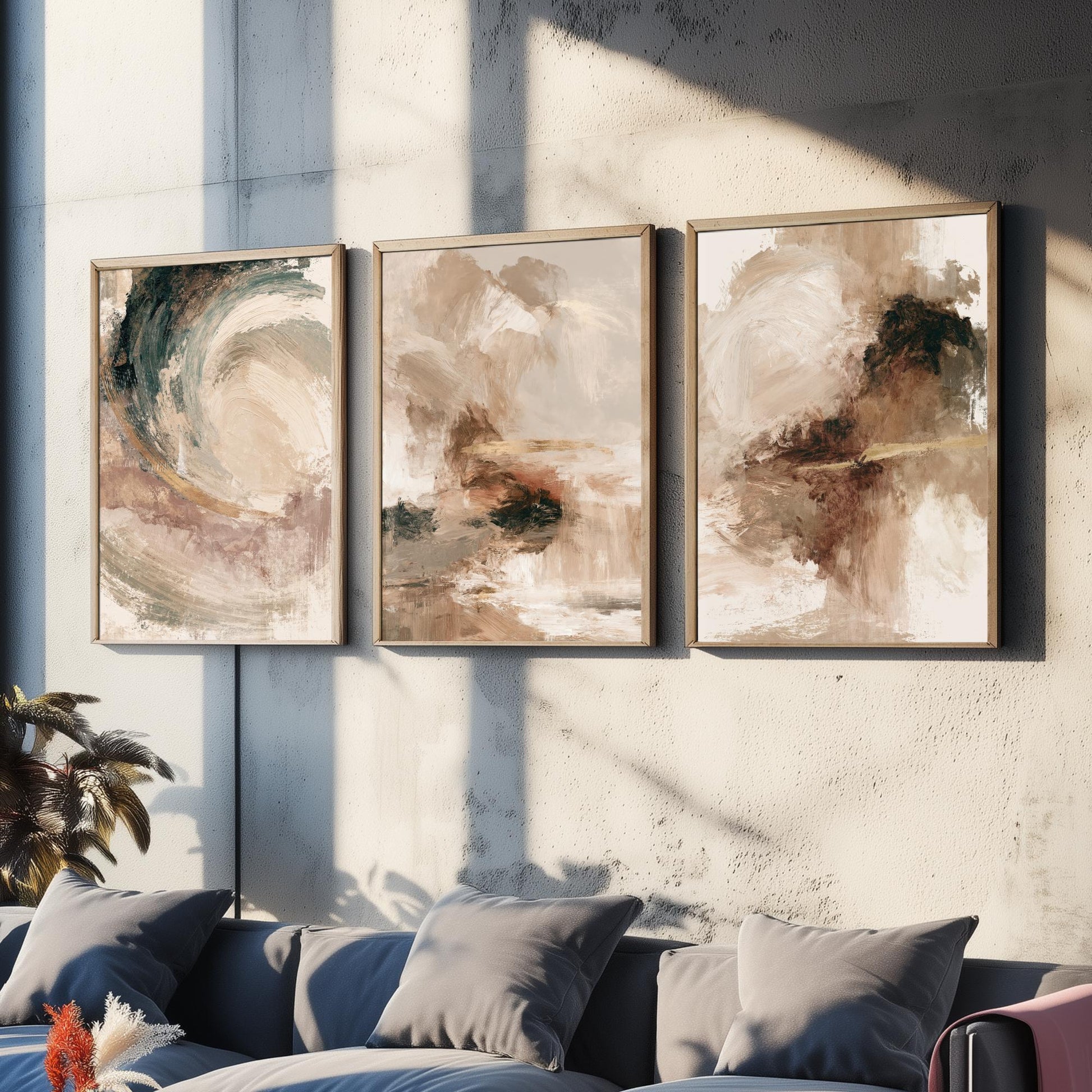 Beige and Gold Abstract Set of Three Art Prints - Textured Brushstroke Landscapes in Cream, Sage and Rust - Modern Posters Painting