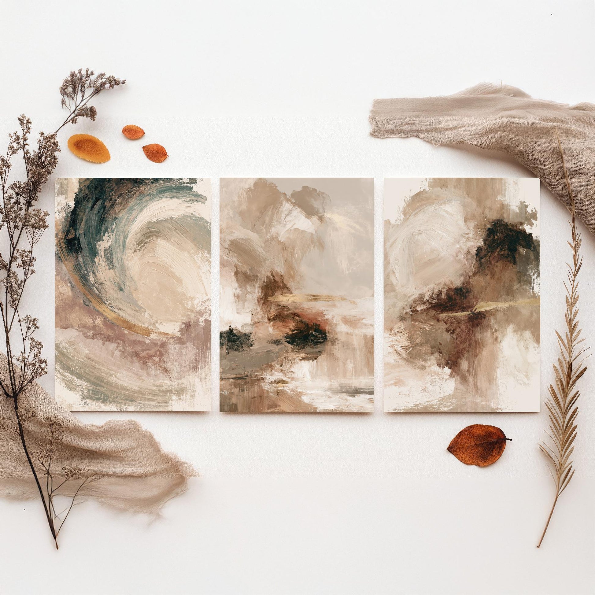 Beige and Gold Abstract Set of Three Art Prints - Textured Brushstroke Landscapes in Cream, Sage and Rust - Modern Posters Painting
