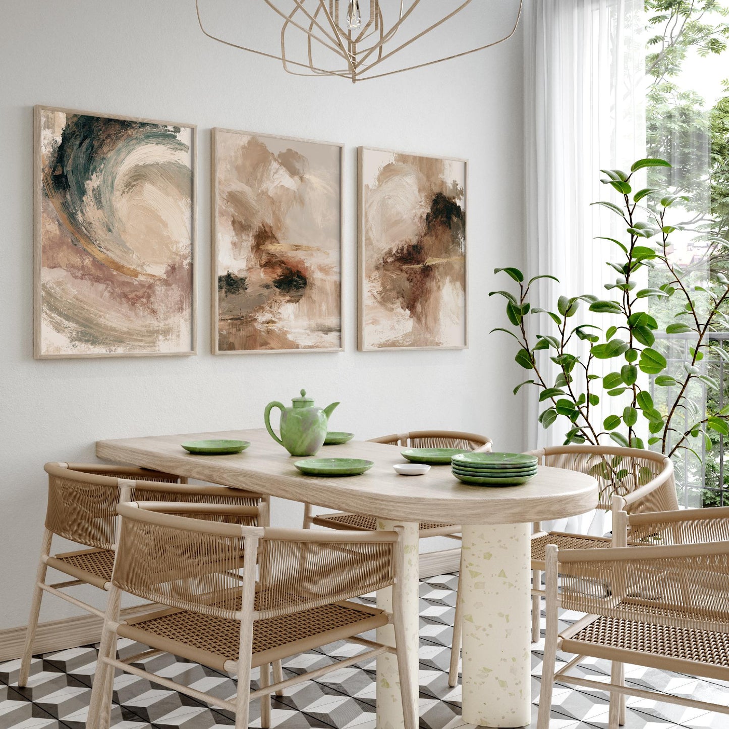 Beige and Gold Abstract Set of Three Art Prints - Textured Brushstroke Landscapes in Cream, Sage and Rust - Modern Posters Painting