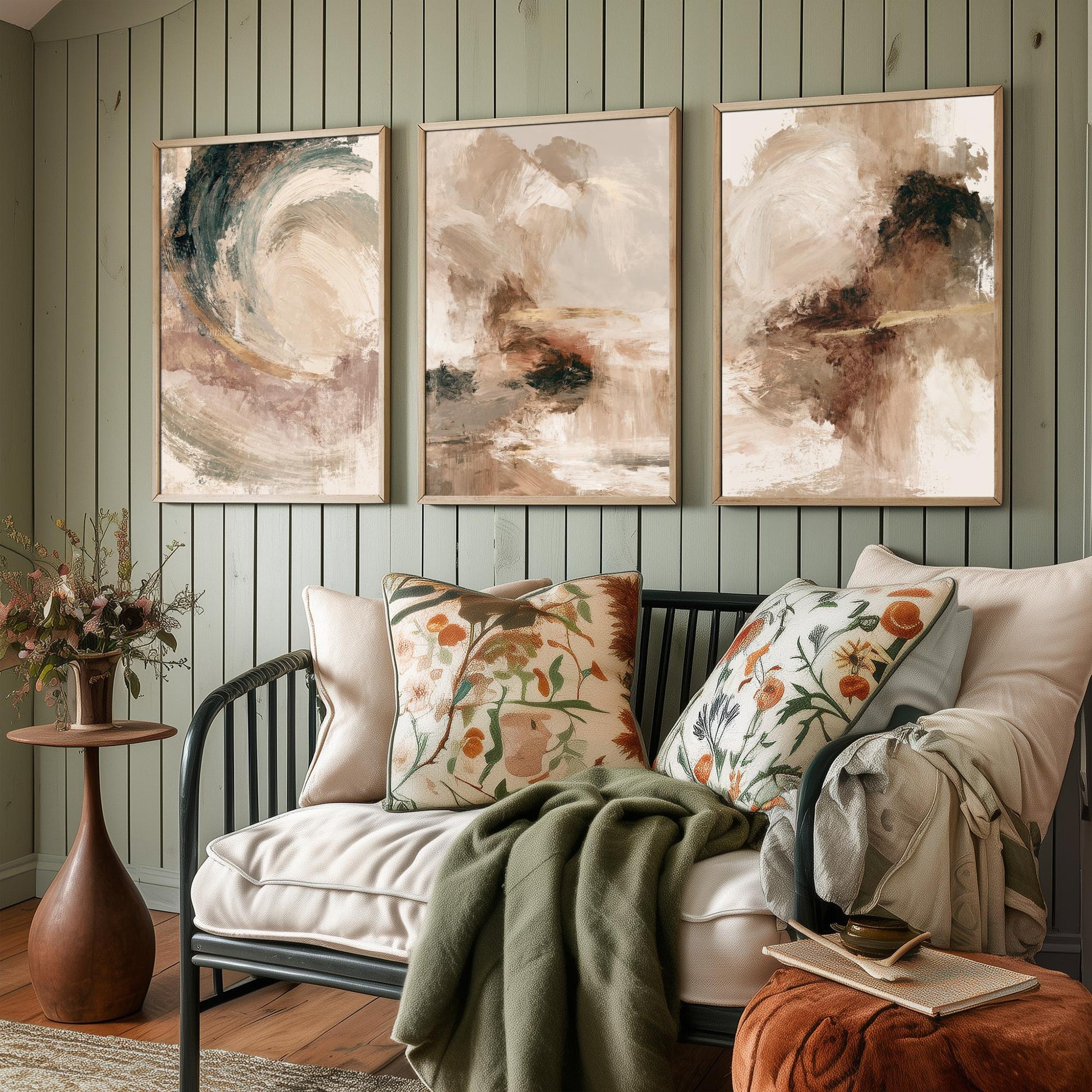 Beige and Gold Abstract Set of Three Art Prints - Textured Brushstroke Landscapes in Cream, Sage and Rust - Modern Posters Painting